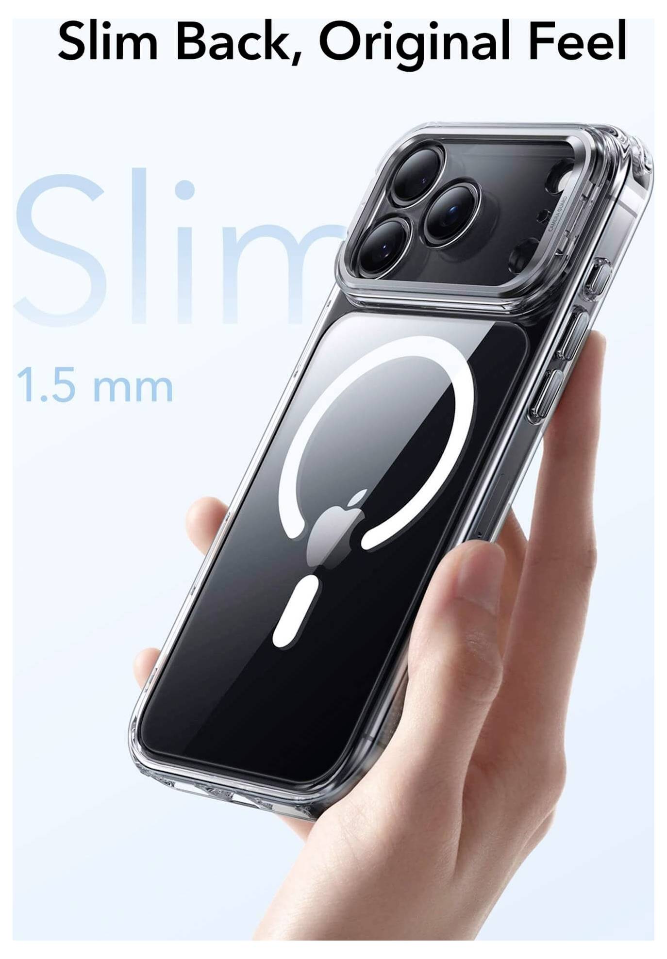 Eine Hand hält ein schlankes Smartphone mit einer transparenten Hülle, in der ein sichtbares Wireless-Charging-Symbol zu sehen ist. Text lautet: „Schlanker Rücken, Ursprüngliches Gefühl