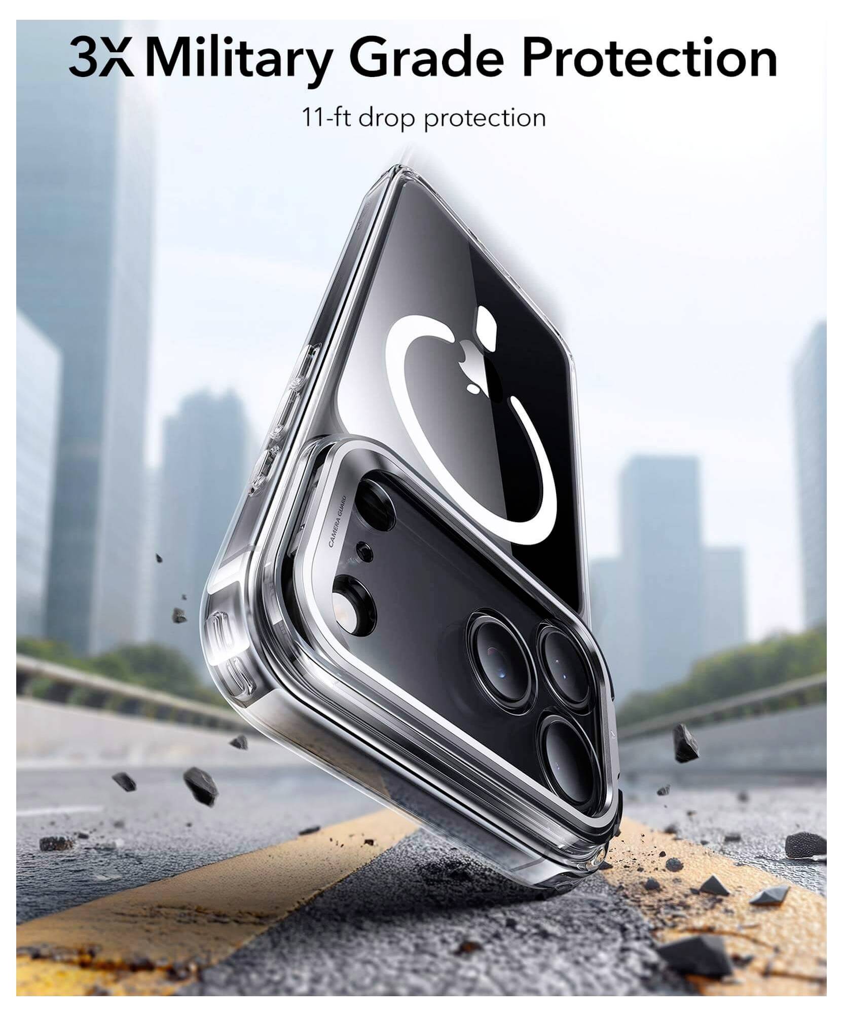 Handyhülle mit '3-facher militärischer Schutzklasse' Text, die ein Handy zeigt, das auf eine Straße mit Trümmern fällt. Der Hintergrund zeigt verschwommene Wolkenkratzer.