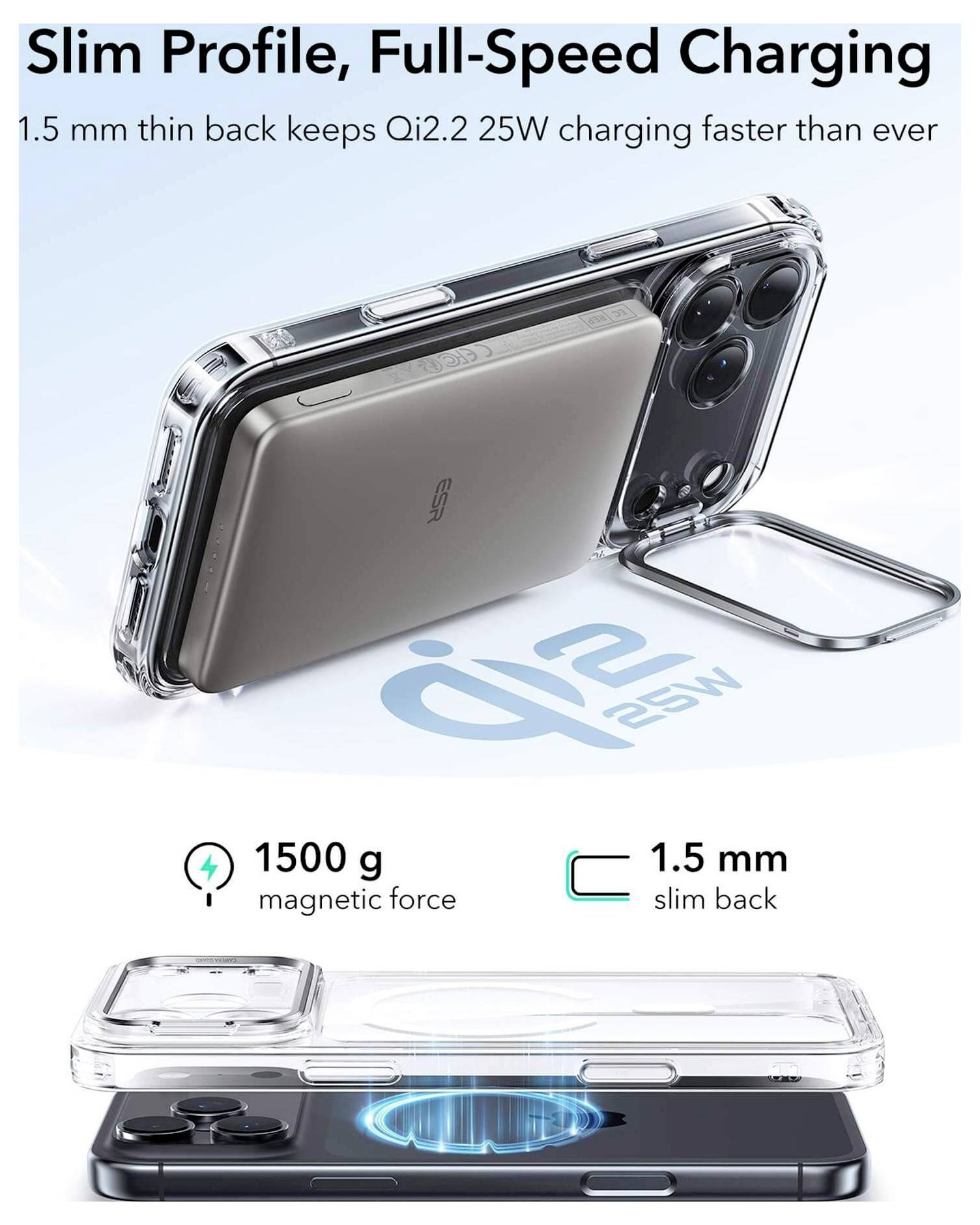 '1,5 mm dünner Rücken ermöglicht Qi2.2 25W-Ladung schneller als je zuvor.' Bild eines schlanken Handyhüllendesigns mit schmalem Profil und magnetischem Ring.