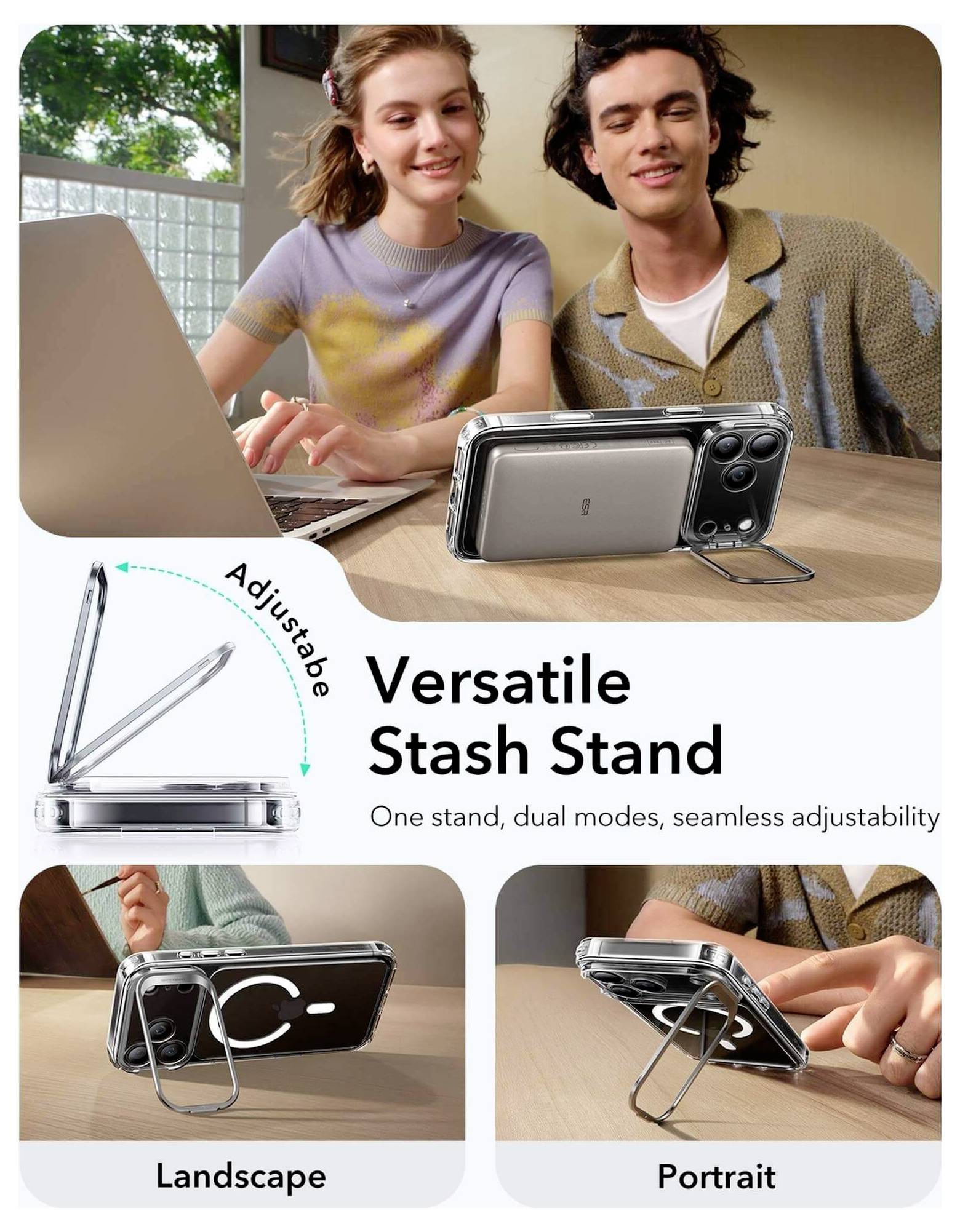 Vielseitiger Stash-Ständer mit zwei Modi: Der verstellbare Ständer unterstützt Telefone sowohl im Querformat als auch im Hochformat für bequeme Nutzung.