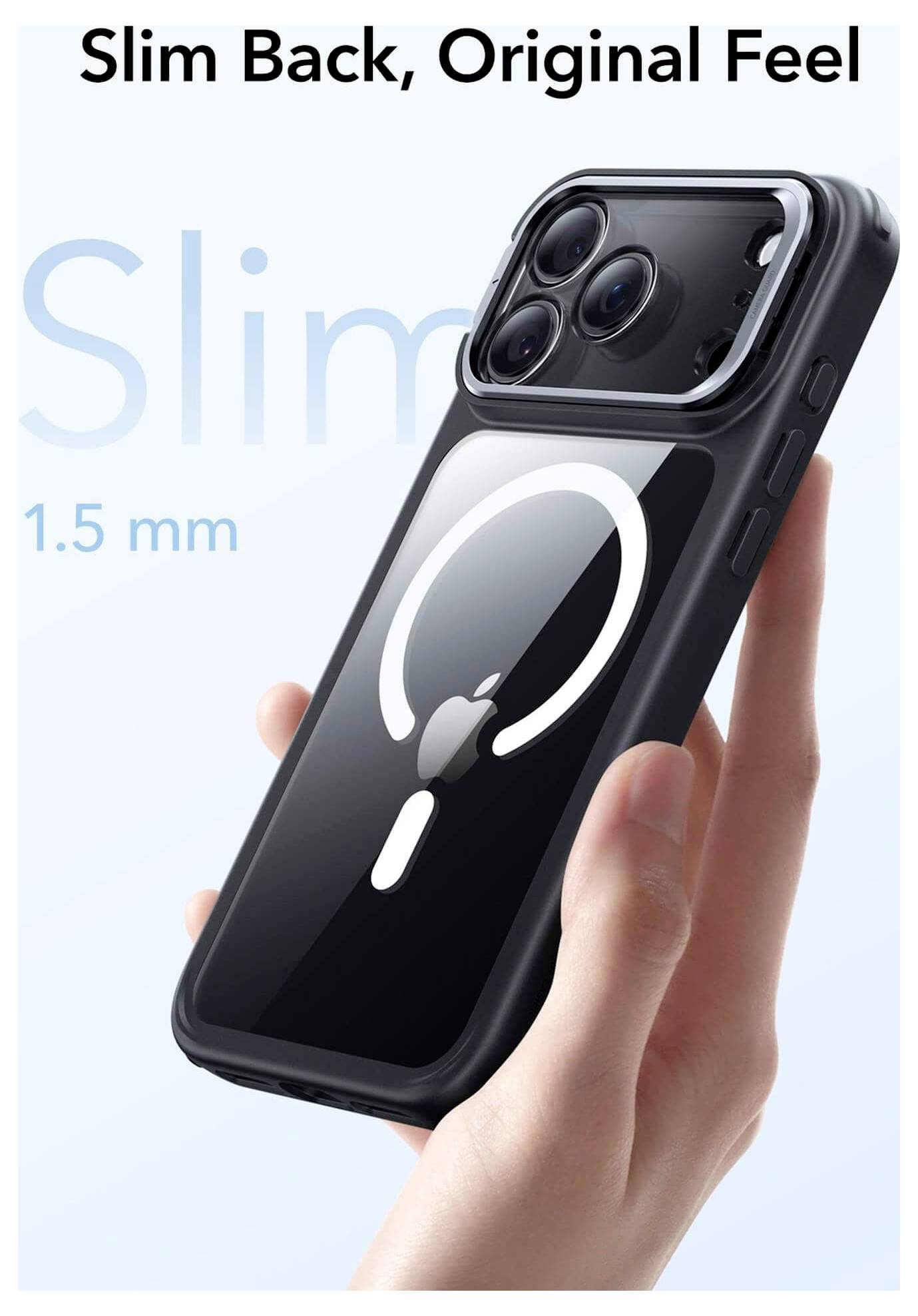 Eine Hand hält ein Smartphone mit einer schlanken Schutzhülle, die die Kamera des Telefons und das Apple-Logo zeigt. Der Text lautet „Schlankes Design, ursprüngliches Gefühl