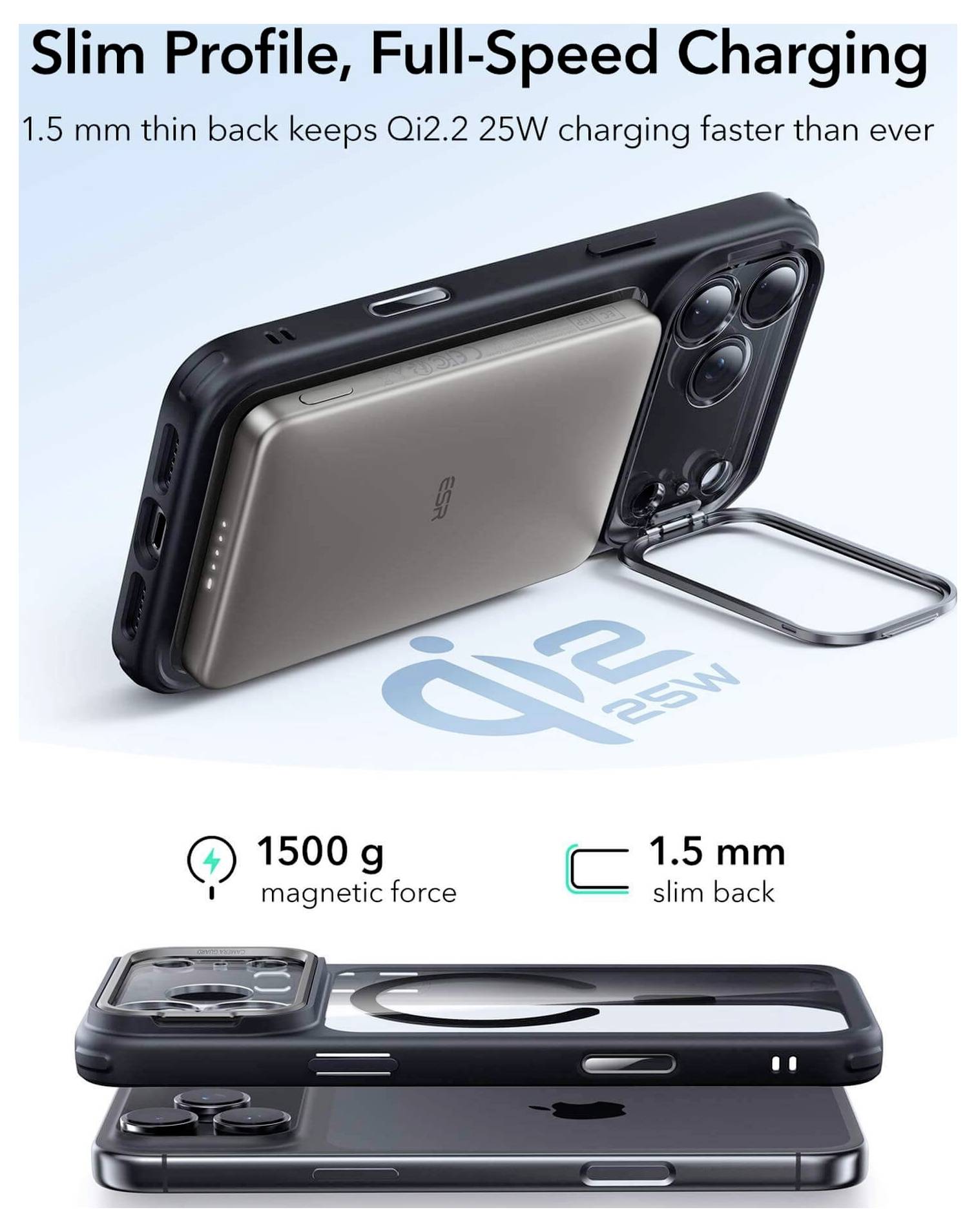 Schlankes Profil, Vollladegeschwindigkeit – Das Bild zeigt eine Handyhülle mit integriertem schlankem Akkupack und bietet Qi2.2-Laden mit 25 Watt sowie einer magnetischen Haftkraft von 1500 Gramm.