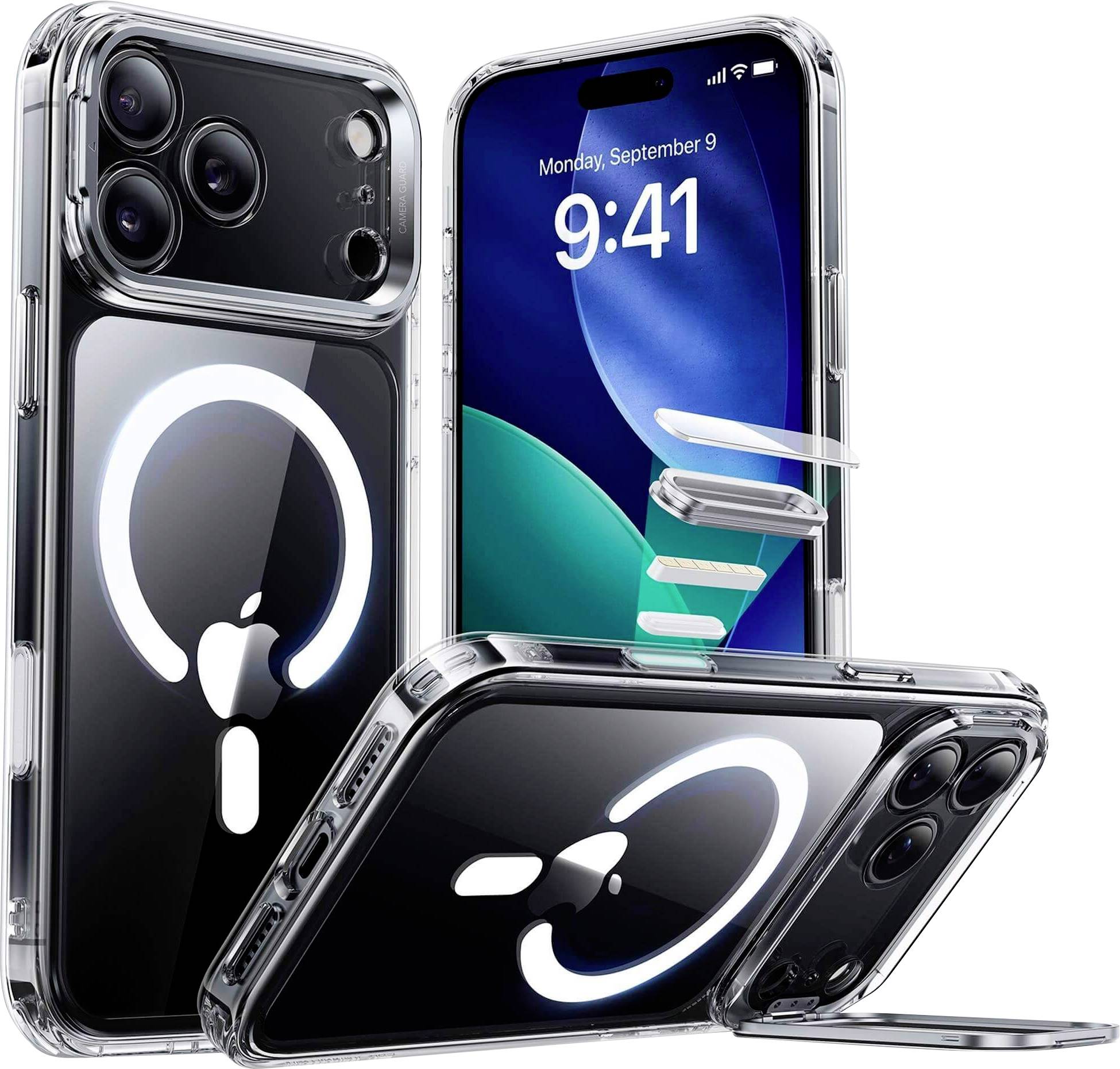 Transparente Handyhülle mit einem MagSafe-Symbol, passend für ein iPhone. Der Bildschirm des Telefons zeigt 'Montag, 9. September, 9:41'.