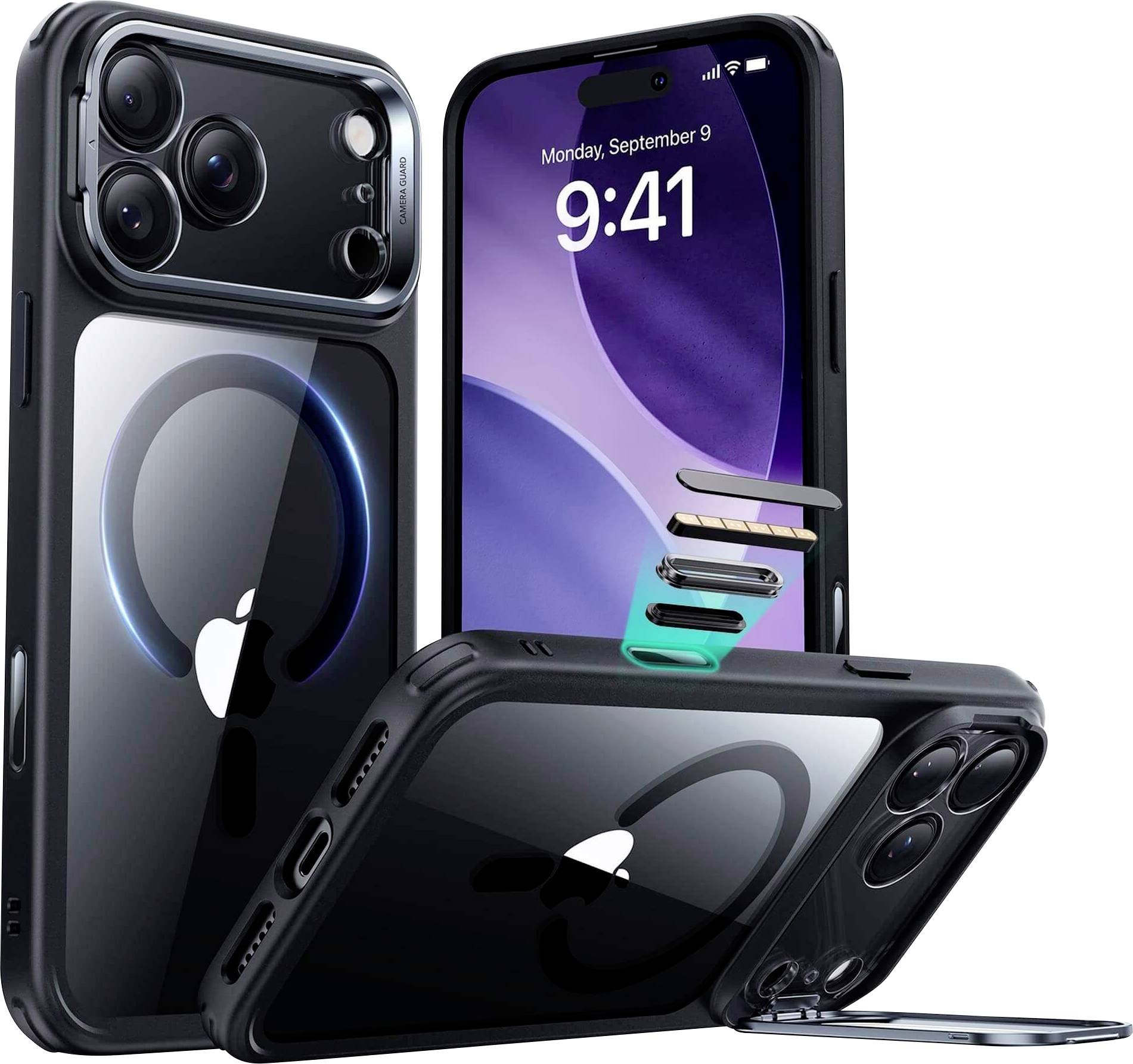 Zwei Smartphones mit glänzenden Rückseiten und Kameraobjektiven, eines stehend und eines liegend. Eine SIM-Karte und ein Werkzeug schweben darüber und verdeutlichen die Installation.