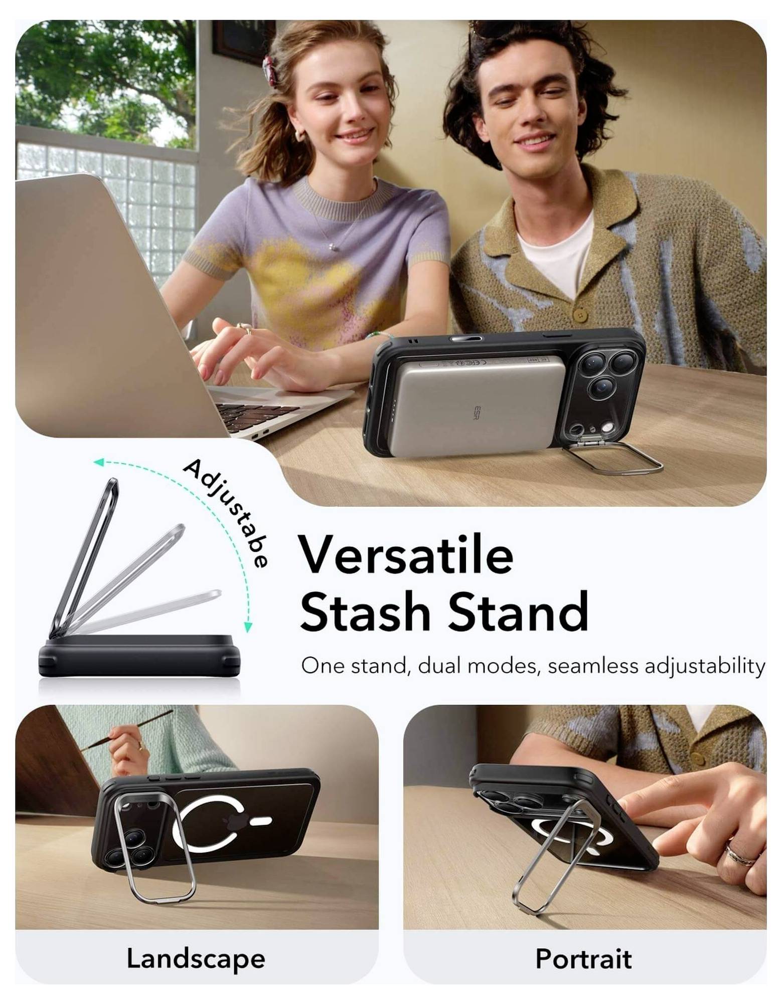 Vielseitiger Stash-Ständer: Ein Smartphone-Ständer mit verstellbaren Winkeln, der Darstellungen im Hoch- und Querformat zeigt. Zwei Personen arbeiten in der Nähe mit ihren Laptops.