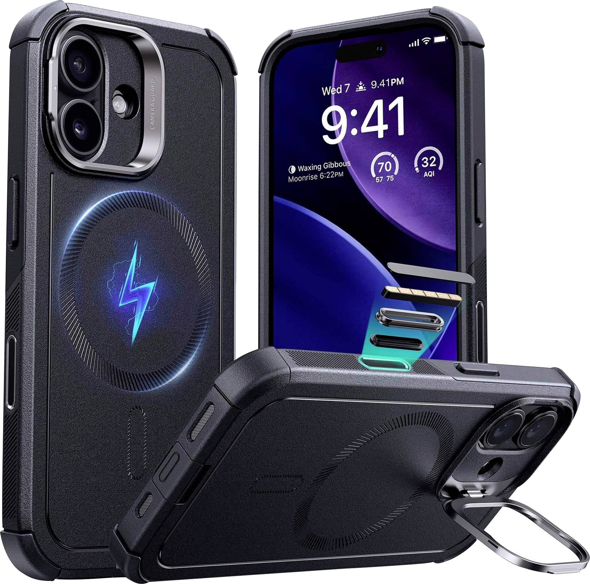 Handyhülle mit Ständer, magnetischem Ringhalter und Symbolen für drahtloses Laden, gezeigt mit einem Handy, das Uhrzeit und Benachrichtigungen anzeigt.