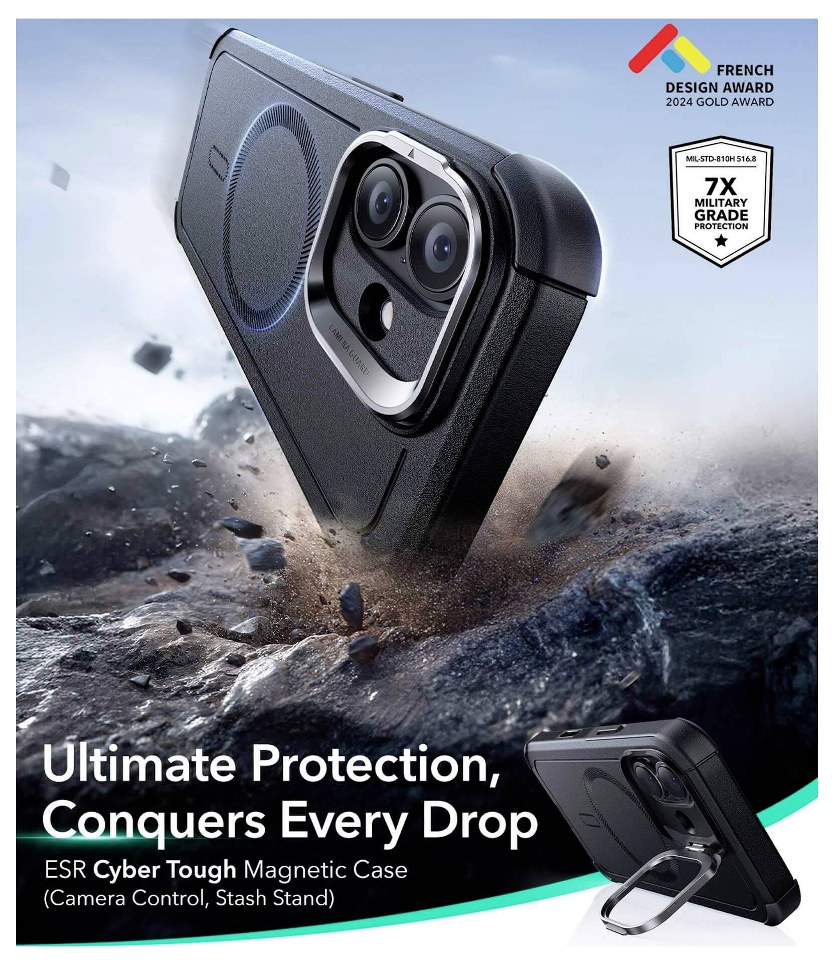 ESR Cyber Tough Magnetische Hülle mit Kamerasteuerung und Ablagefuß, die Haltbarkeit mit 'Ultimativer Schutz, bezwingt jeden Sturz' demonstriert.