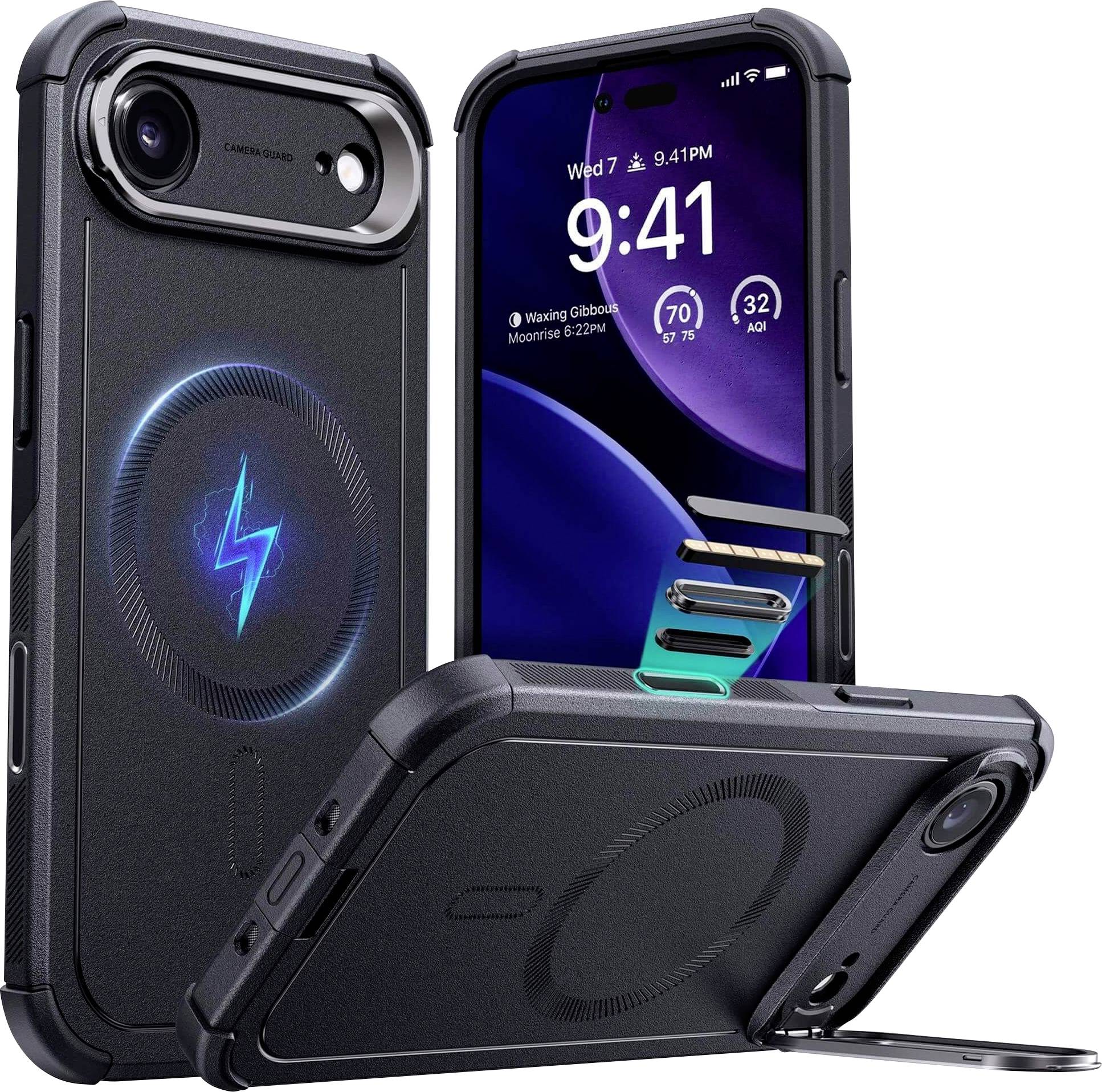 Robuste Handyhülle mit erhöhtem Kameragehäuseschutz und integriertem Ständer, die zwei Smartphones schützt, mit blauer Ladeicon.