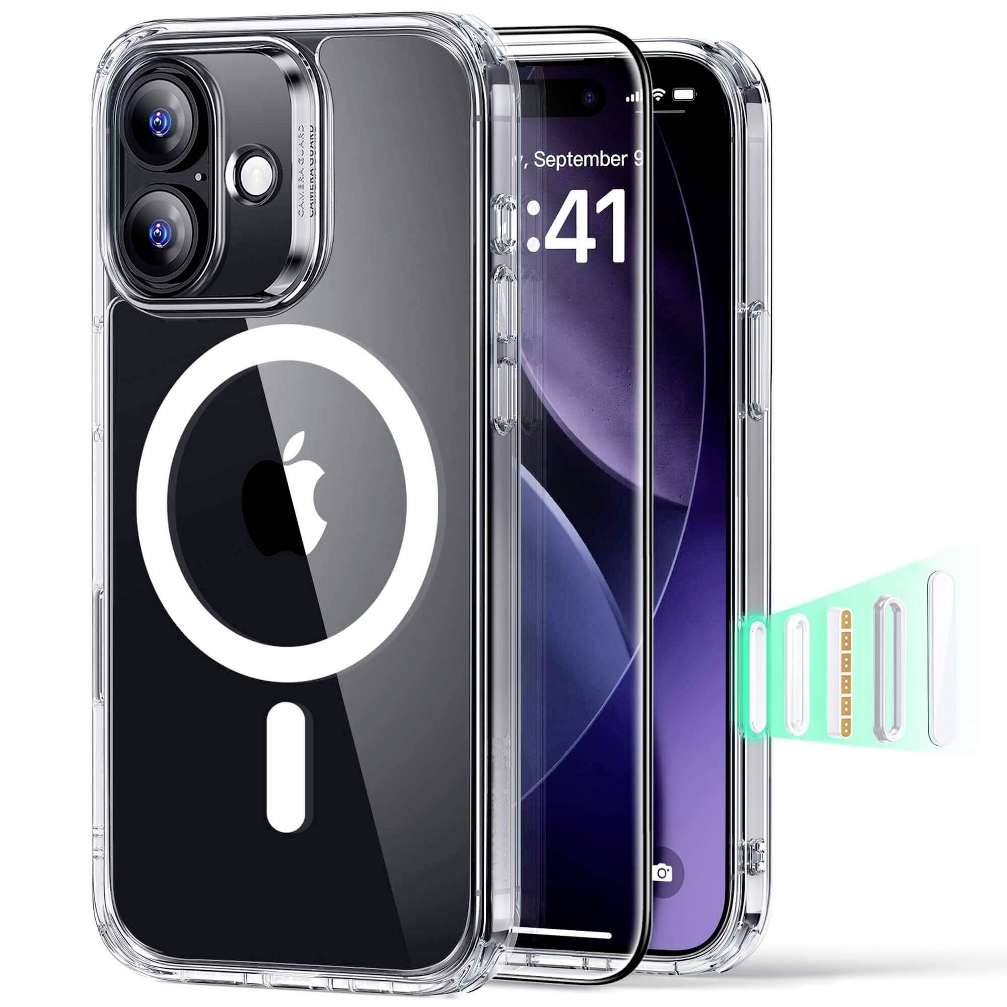 Smartphone mit transparentem Gehäuse und MagSafe-Kompatibilität. Zwei Kameraobjektive sind an der Rückseite sichtbar; Vorderseite zeigt Datum und Uhrzeit.
