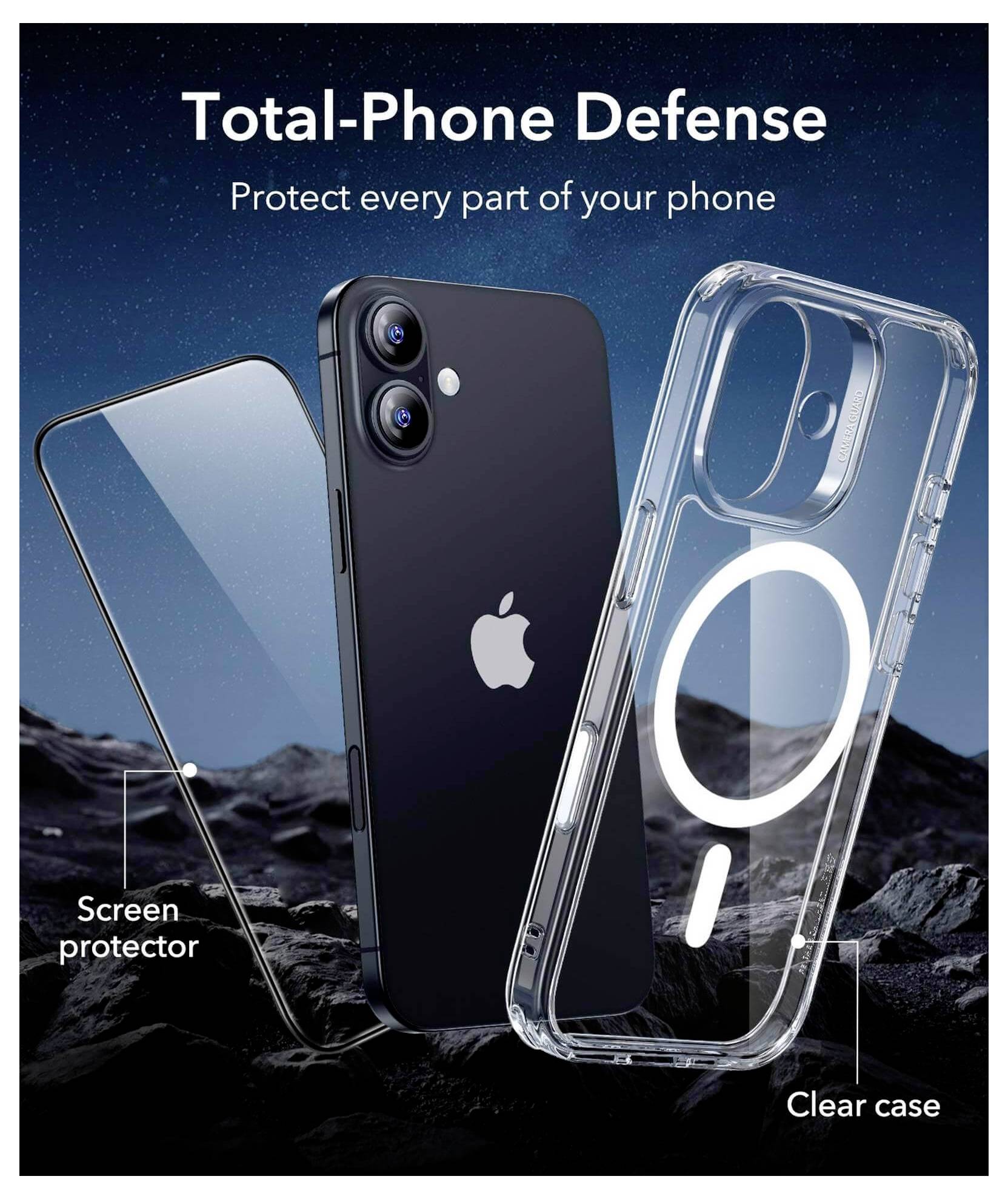 Werbeanzeige für 'Total-Phone Defense' mit einem Smartphone, Displayschutzfolie und transparenter Schutzhülle vor einem dunklen strukturierten Hintergrund.