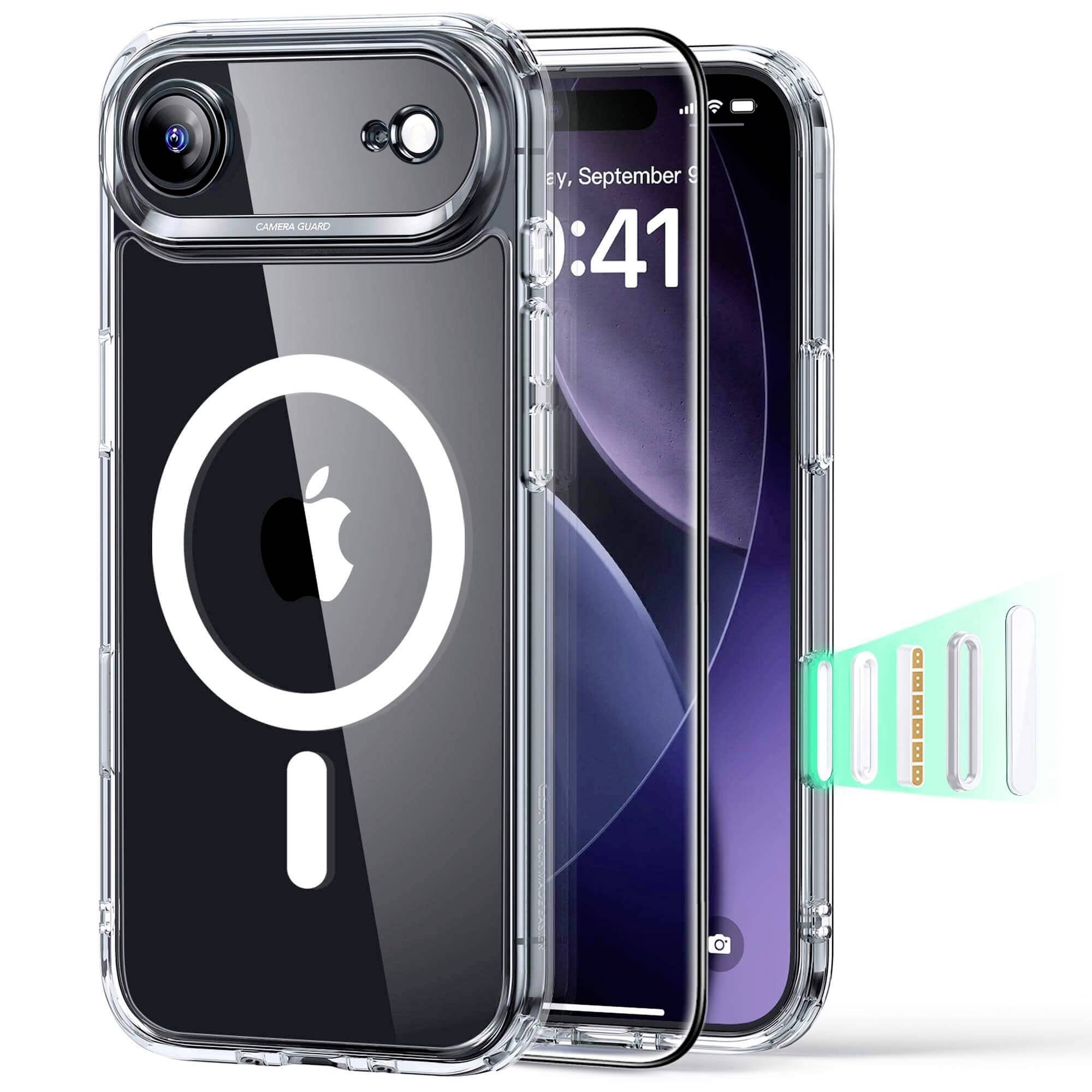Ein Smartphone mit einer transparenten MagSafe-kompatiblen Hülle, auf der das Apple-Logo zu sehen ist, neben einem Bildschirm, der „Dienstag, 8. September