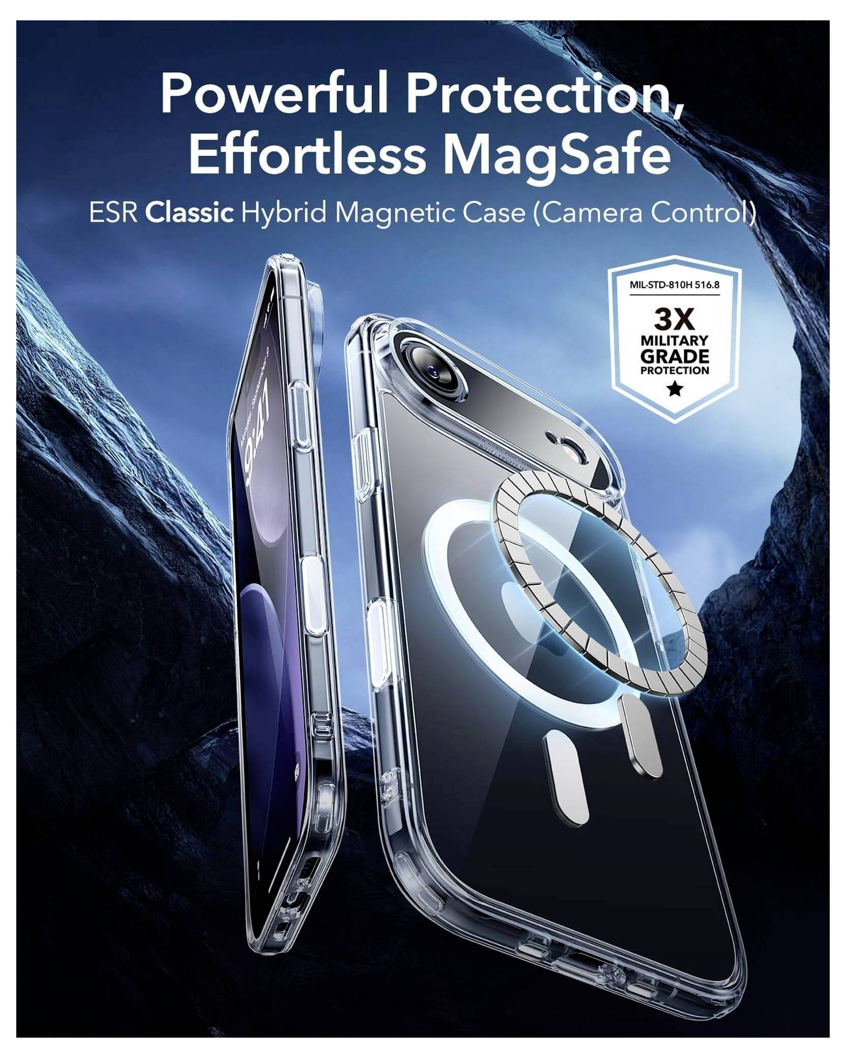 Kraftvoller Schutz, mühelos mit MagSafe - Werbung zeigt eine durchsichtige, magnetische Handyhülle von ESR und hebt den 3-fachen militärischen Schutzstandard hervor.