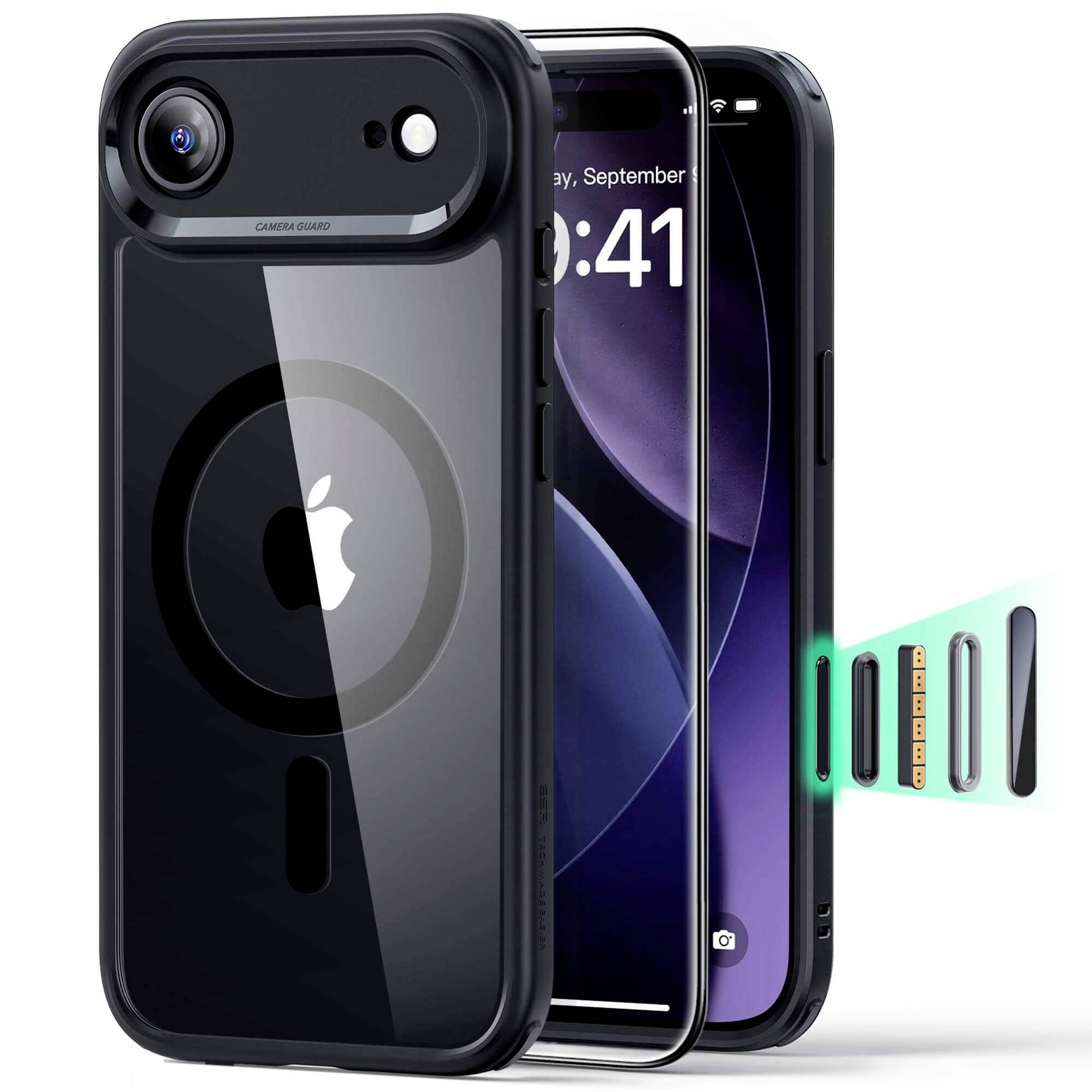 Ein Smartphone mit einem schwarzen, stoßfesten Gehäuse und einem offenen Schlitz, der den SIM-Kartenschacht freilegt. Auf dem Bildschirm des Telefons werden Uhrzeit und Datum angezeigt.