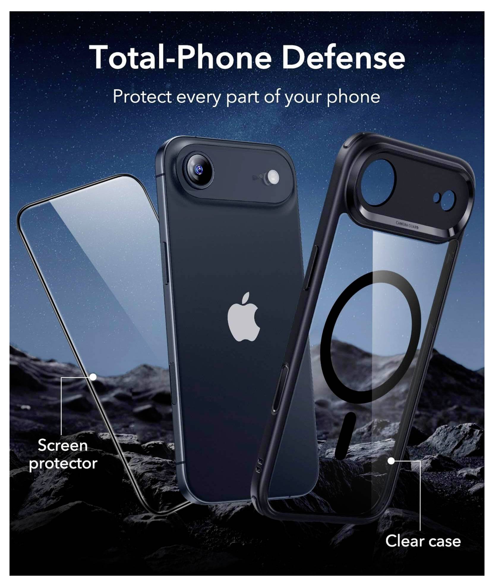 Bild von Handyschutz-Zubehör mit dem Text 'Total-Phone Defense'. Merkmale sind eine Displayschutzfolie und eine transparente Schutzhülle.
