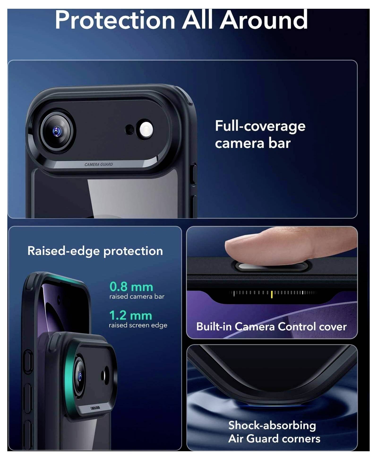 iPhone-Hülle bietet vollflächigen Kamerabalken, Schutz mit erhöhten Kanten, integrierte Kamerakontrollabdeckung und stoßdämpfende Ecken.