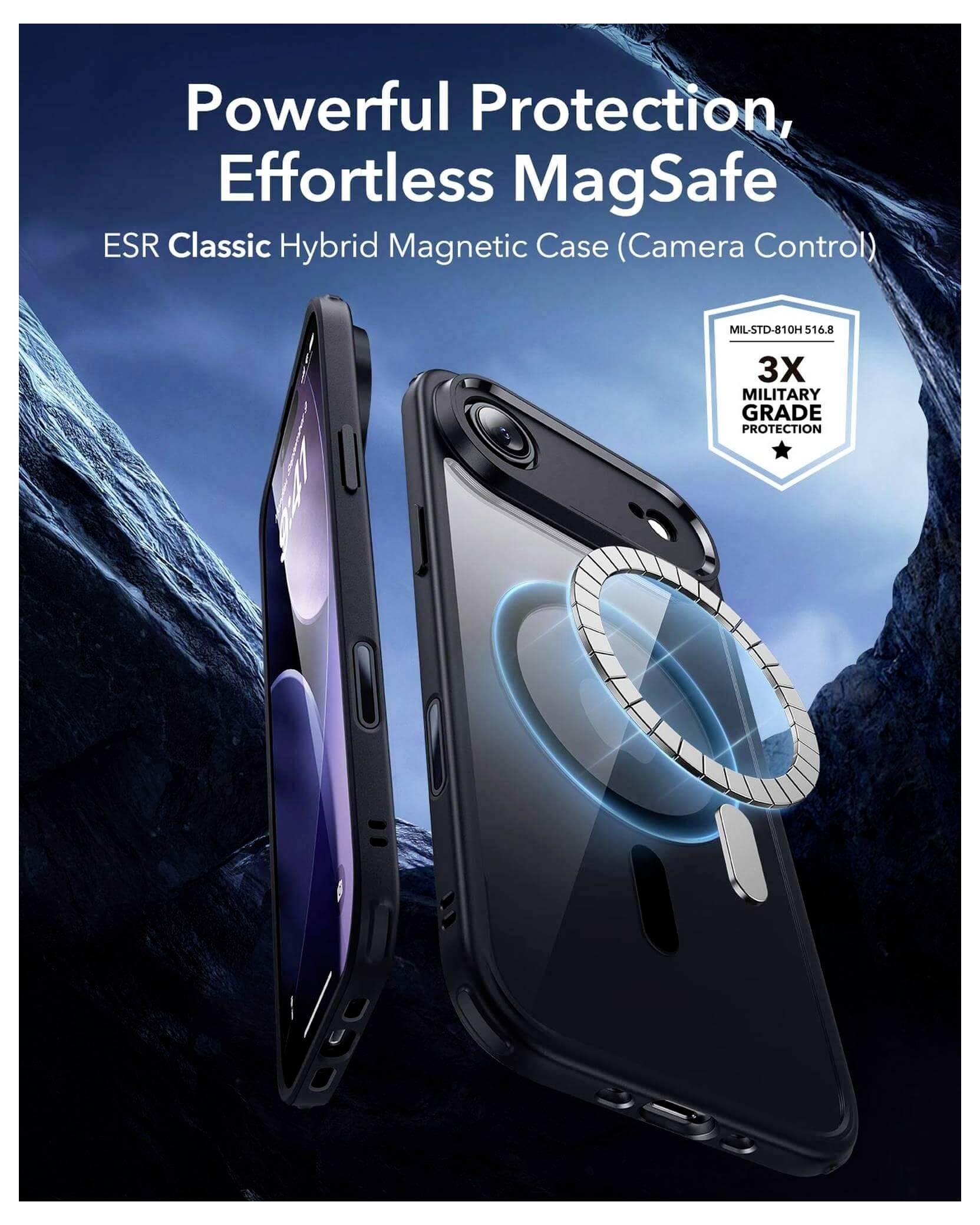 Ein schwarzes Handygehäuse mit einem magnetischen Ring, präsentiert als Angebot von ‚Kraftvollem Schutz, mühelosem MagSafe', betont sein Hybrid-Design.