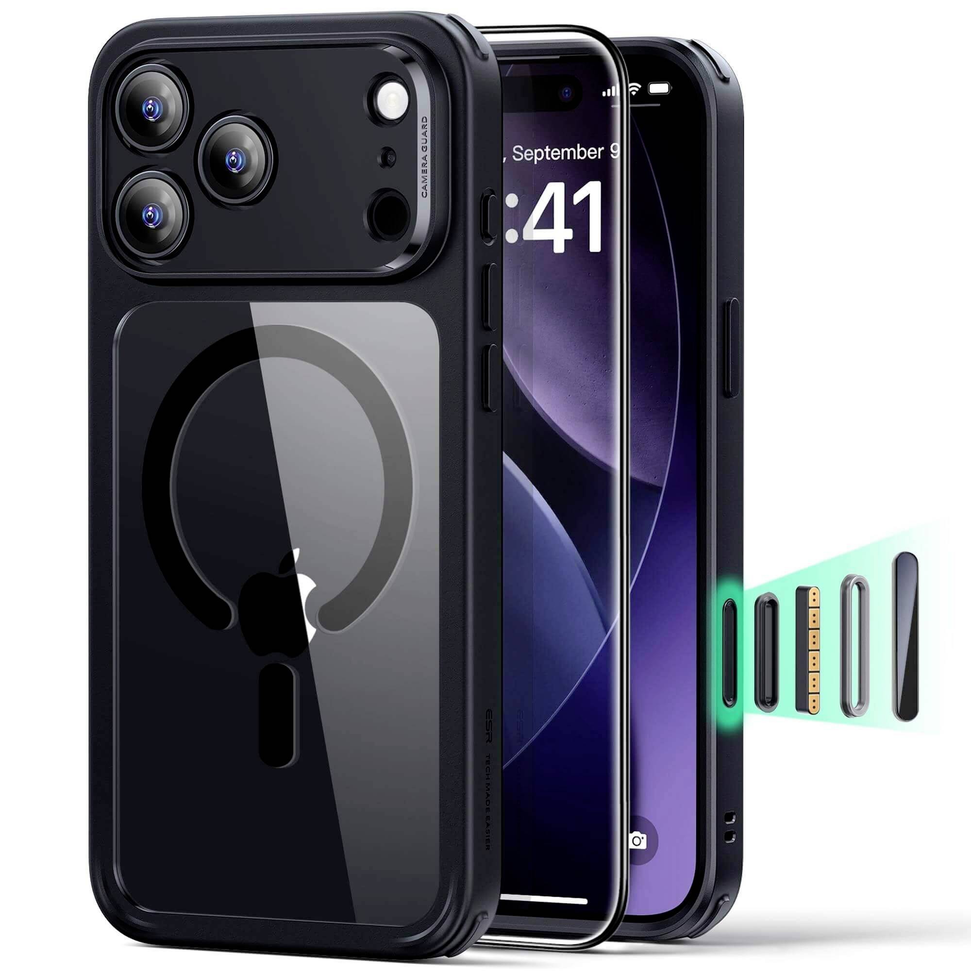Ein Smartphone mit einer Triple-Kamera-Ausstattung und einem schwarzen MagSafe-kompatiblen Gehäuse daneben, das die Fähigkeit zum drahtlosen Laden demonstriert.