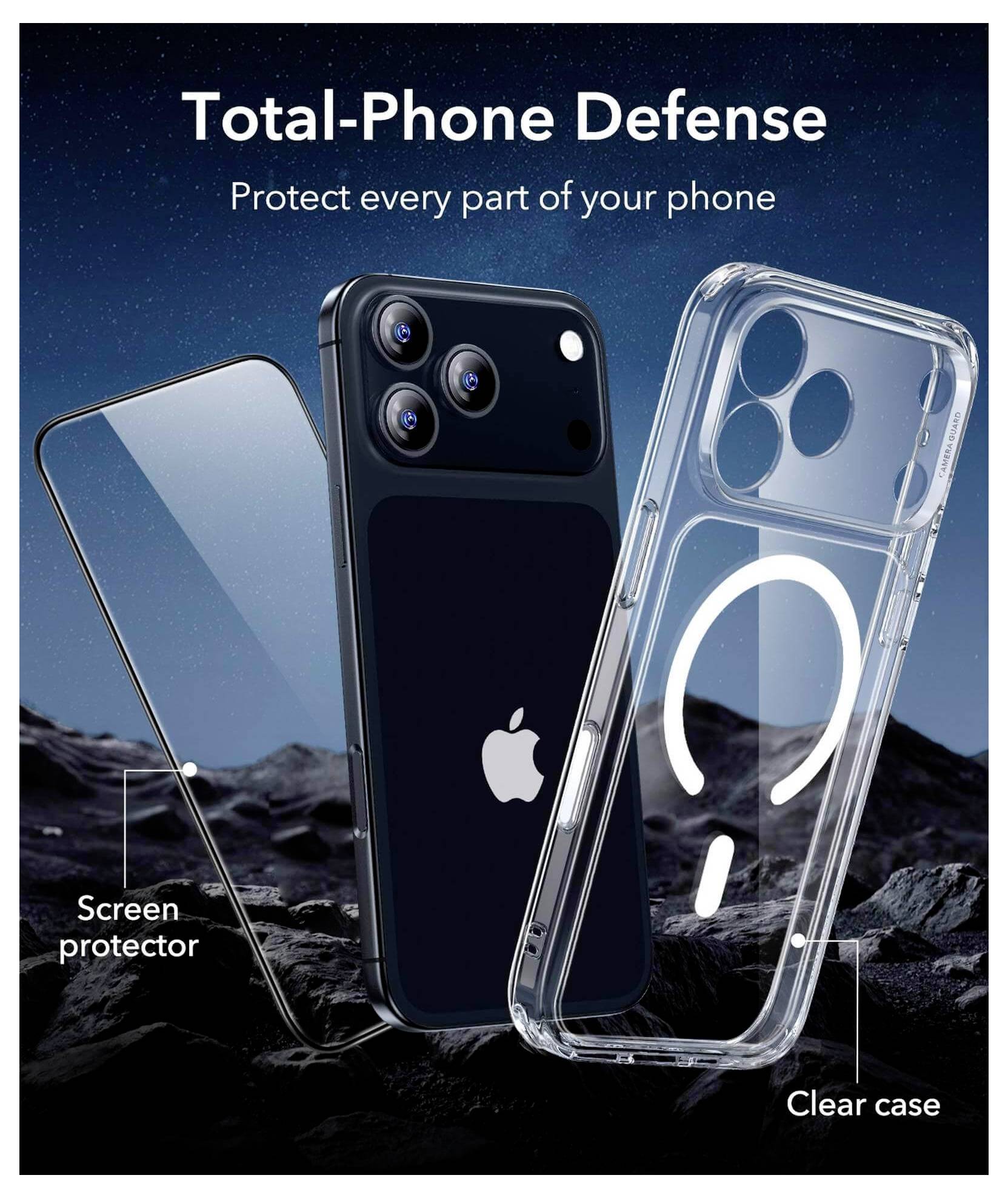 Werbeanzeige für 'Total-Phone Verteidigung' mit einem Smartphone mit Dual-Objektiven, einer transparenten Schutzhülle und einer Displayschutzfolie vor einem Sternenhimmelhintergrund.