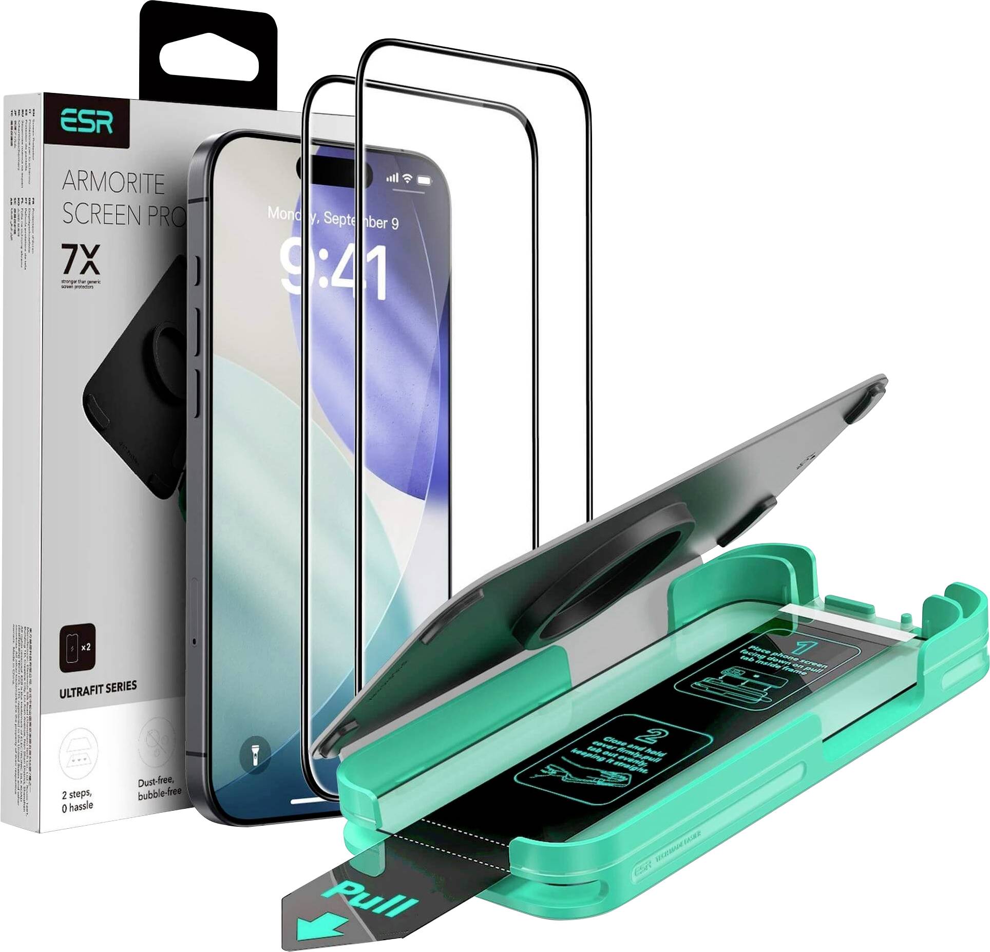 'ESR Armorite Displayschutz' zeigt die Produktverpackung, zwei Glasschutzfolien, ein Smartphone und ein Installationsset in Petrolfarbe.