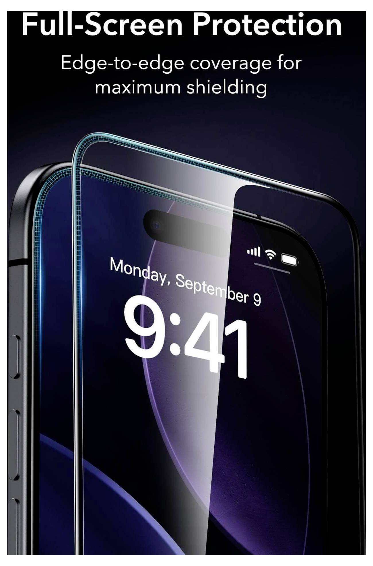 Ein Telefon mit teilweise aufgebrachtem Glasschutzfilm zeigt die Uhrzeit '9:41' und das Datum 'Montag, 9. September'. Der Text lautet 'Vollflächiger Schutz. Randabdeckung für maximalen Schutz'.