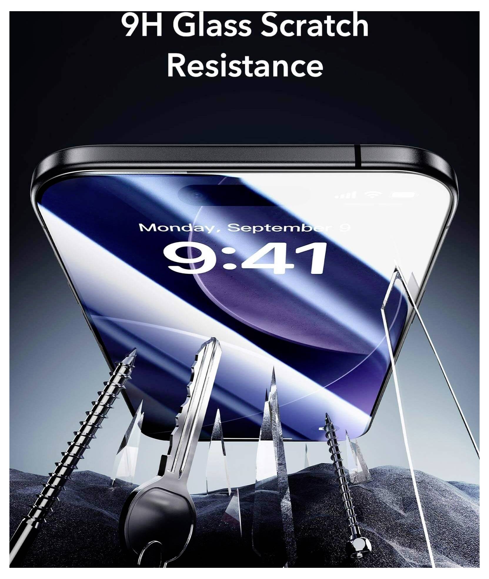 Smartphone mit 9H-Glas-Display zeigt 'Montag, 9. September, 9:41'. Schlüssel und Schrauben in der Nähe veranschaulichen Kratzerbeständigkeit.