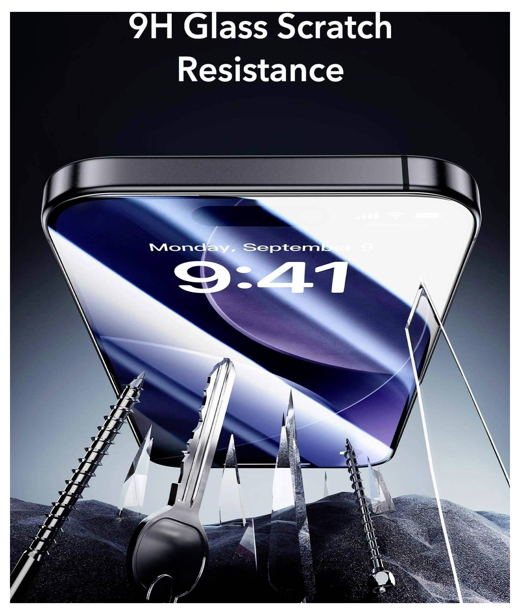 Ein Smartphone-Bildschirm wird gezeigt, wie er Kratzern von verschiedenen scharfen Objekten widersteht, mit dem Text „9H Glas Kratzfestigkeit