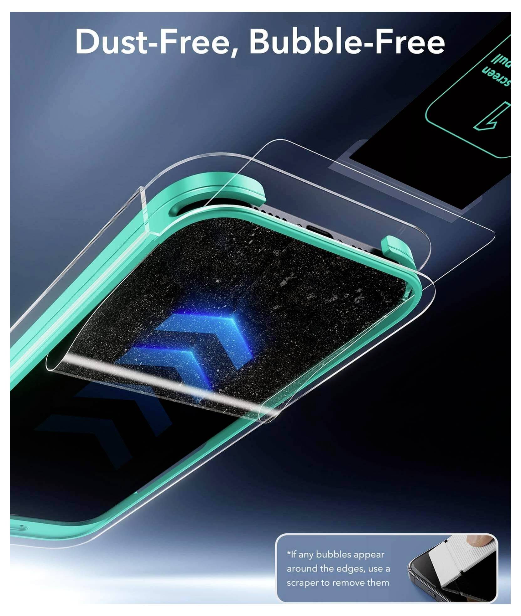 Bild eines Displayschutzfolien-Anbringens; Text liest sich als „Staubfrei, Blasenfrei.