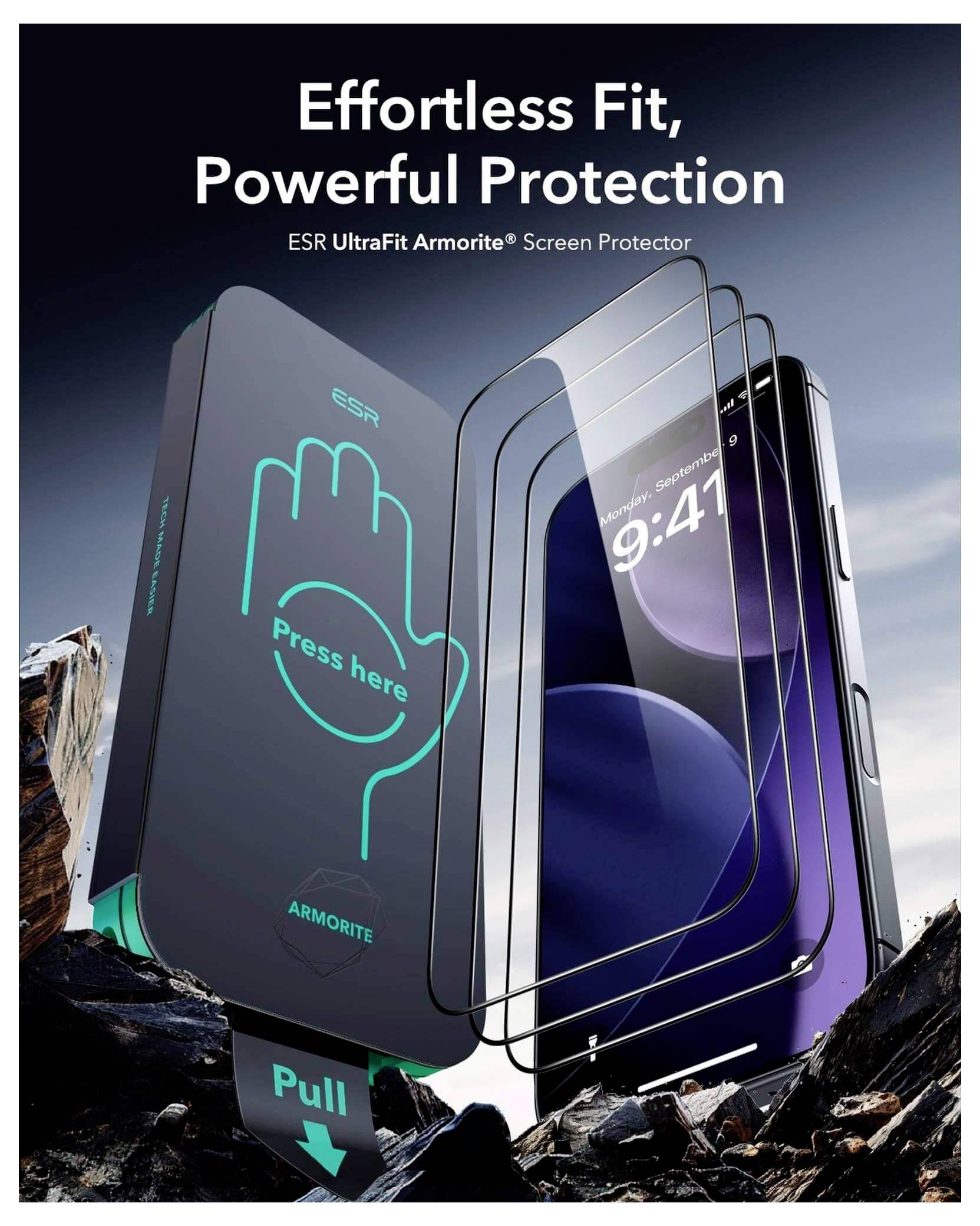 Displayschutzfolie mit Darstellung der Schutzschichten auf einem Smartphone mit dem Text ‚Mühelos anbringen, Starker Schutz' und einem Pfeil mit der Beschriftung ‚Ziehen'.