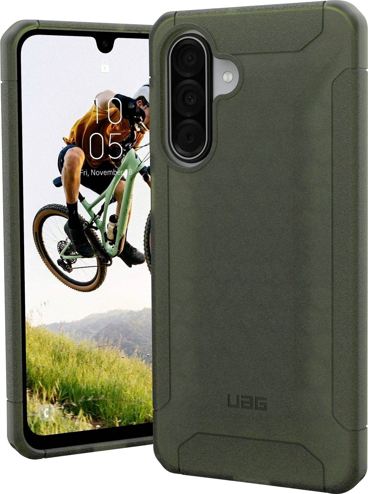 Ein Smartphone mit einem schützenden grünen Gehäuse zeigt einen Bildschirm, der einen Radfahrer bei einem Sprung im Freien darstellt und so Haltbarkeit und Abenteuergeist hervorhebt.