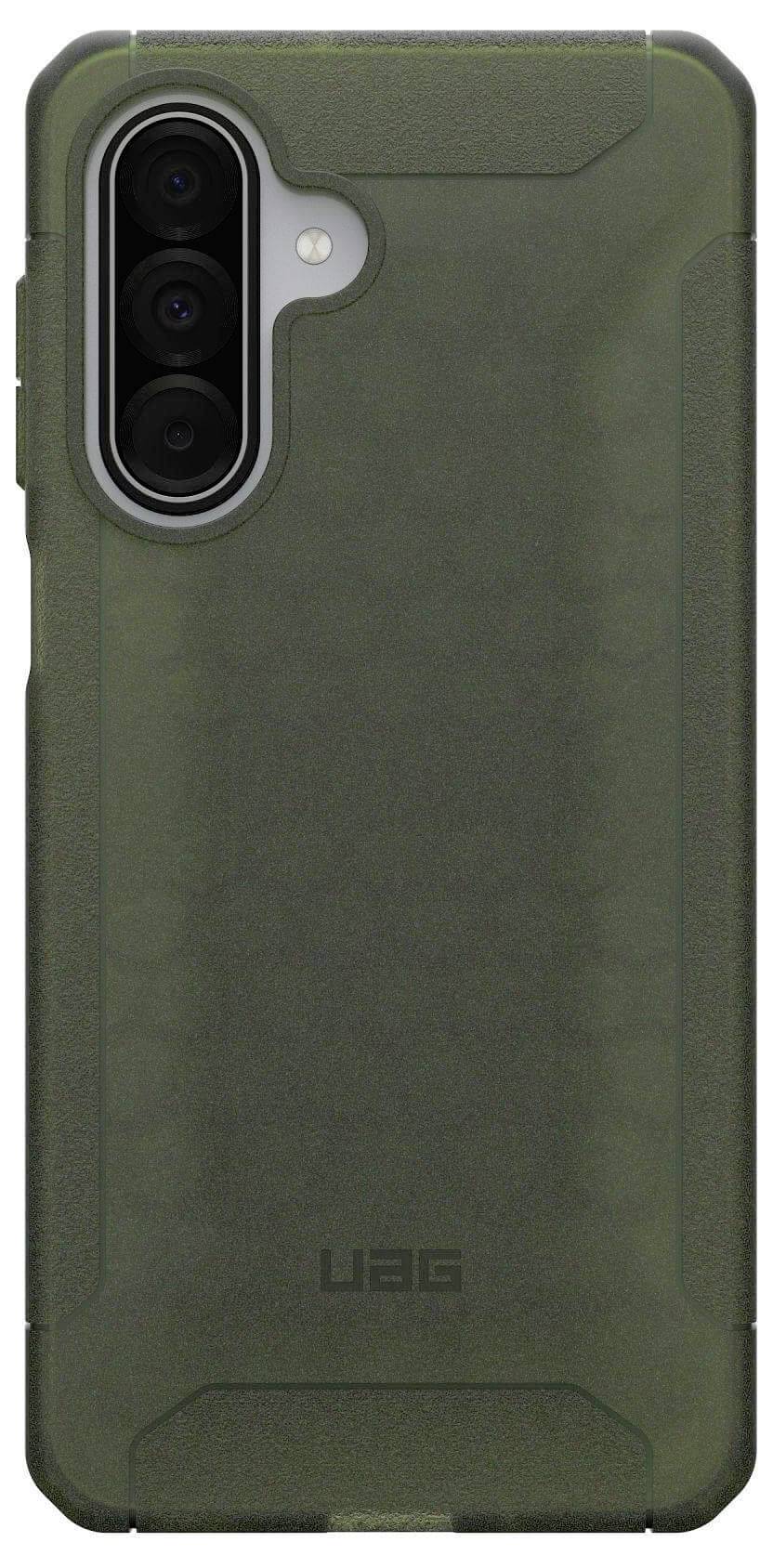 Grüne robuste Smartphone-Hülle mit verstärkten Kanten, drei Kameraöffnungen und 'UAG'-Logo am unteren Rand. Geeignet für Schutz.