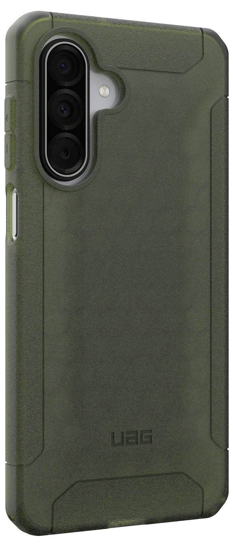 Ein grünes, robustes Smartphone-Gehäuse mit verbessertem Griff und Schutzmerkmalen, das ein Smartphone mit Triple-Objektiv-Kamera umhüllt.