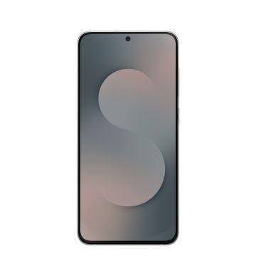 Ein schlankes Smartphone mit dünnem Rahmen und einer zentralen Punch-Hole-Kamera auf dem Display, das ein stilisiertes 'S'-Design auf dem Bildschirm zeigt.