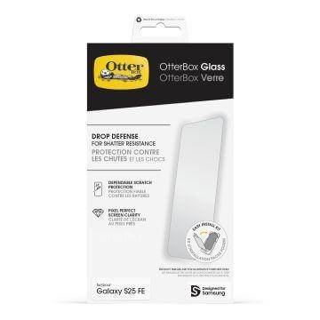 Verpackung für den OtterBox Glasschutz für Galaxy S23 FE, mit Fallschutz und Schutz vor Zersplitterung.