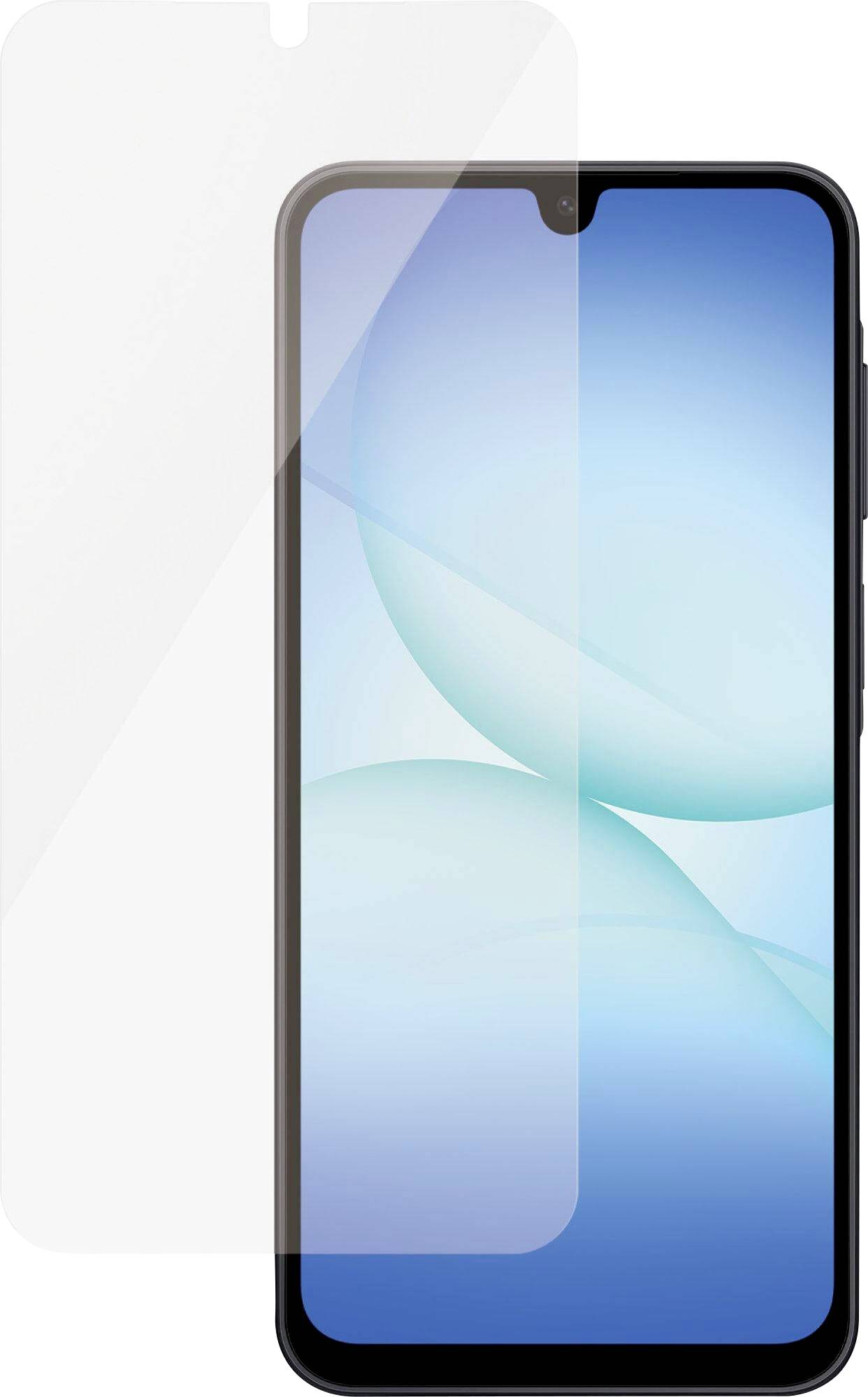 Ein Smartphone mit einem teilweise aufgeklebten durchsichtigen Bildschirmschutz, der einen hellen blauen Hintergrund auf dem Display zeigt.