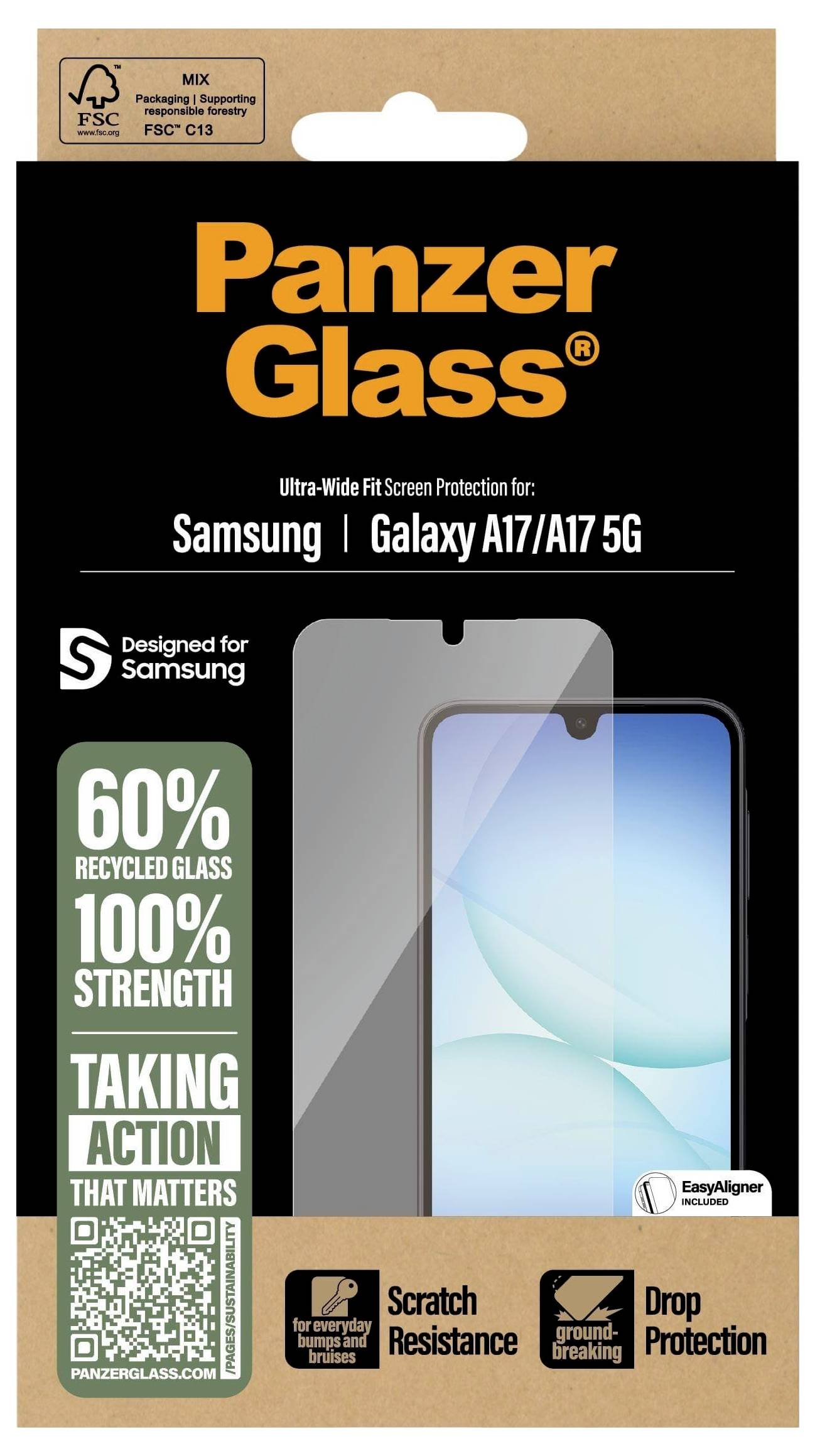 PanzerGlass Displayschutz für Samsung Galaxy A17/A17 5G, mit 60% recyceltem Glas, Kratzfestigkeit und Fallschutz.