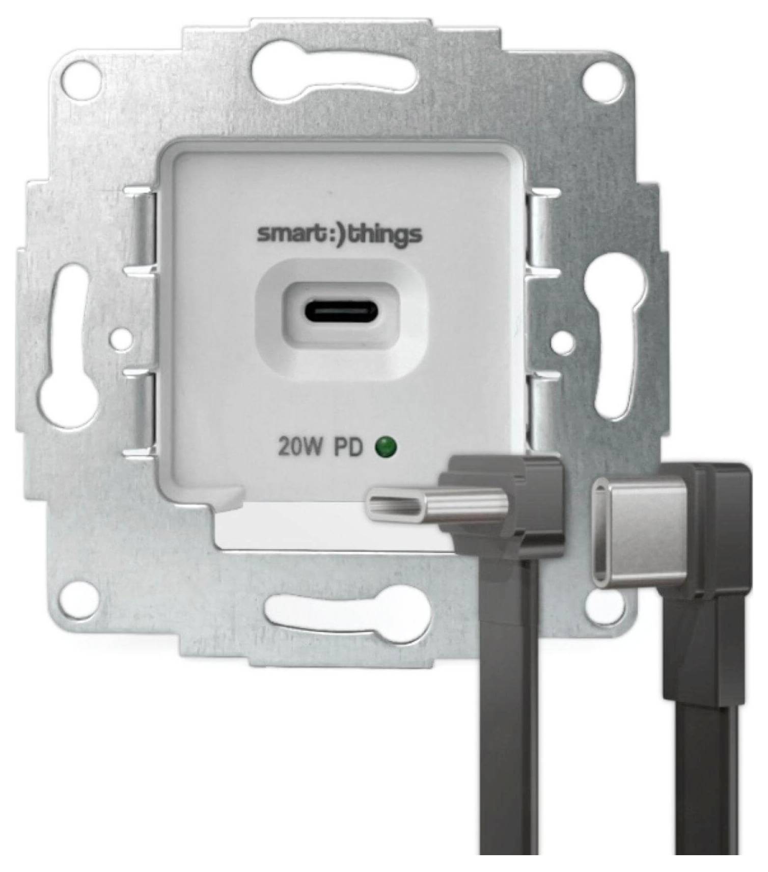 Eine wandmontierte USB-C-Steckdose mit der Aufschrift „smart:)things