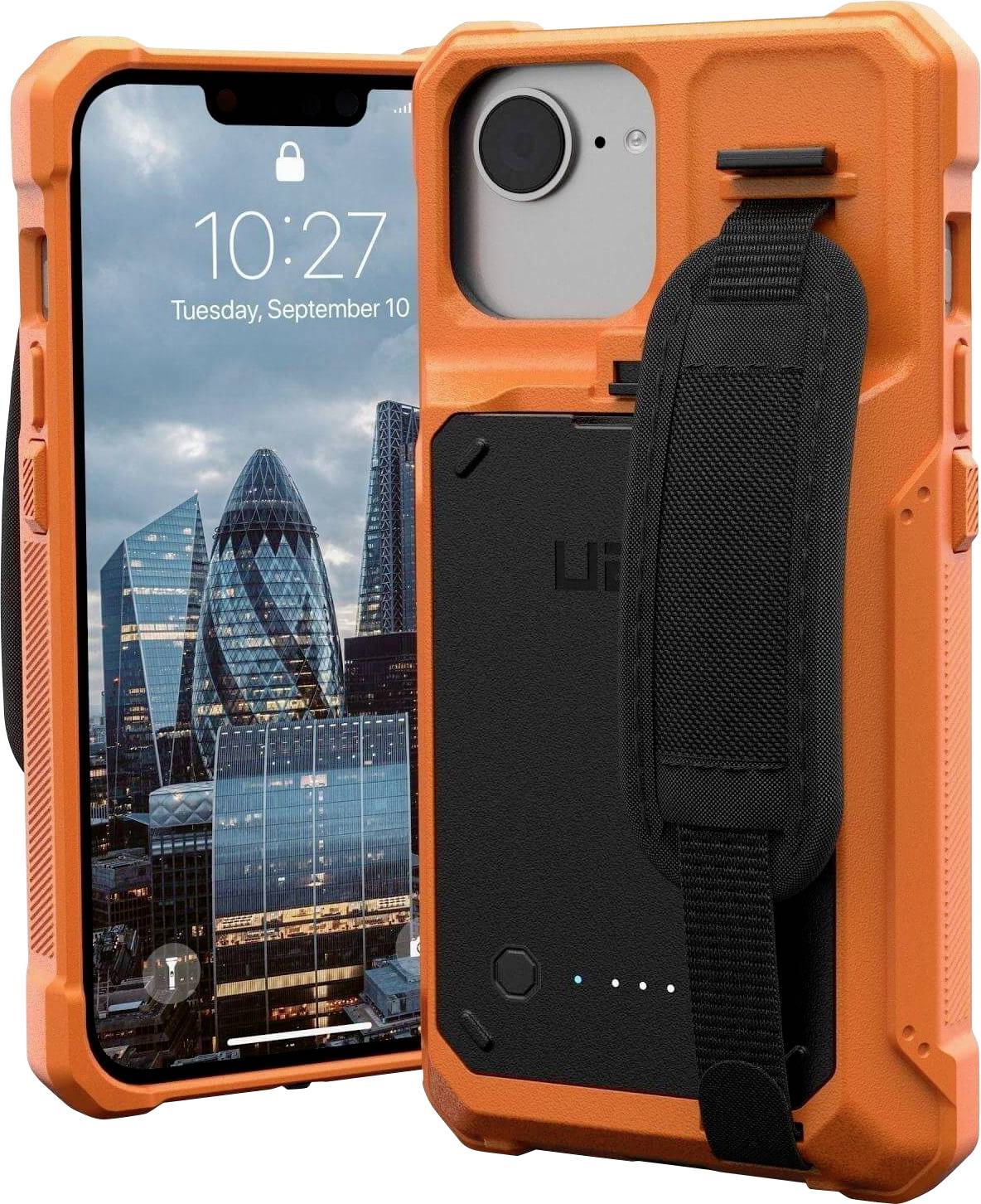 Ein robustes, orangefarbenes Handygehäuse mit einem schwarzen Riemen ist zu sehen, das ein modernes Smartphone schützt, auf dessen Bildschirm eine Stadtlandschaft zu erkennen ist.