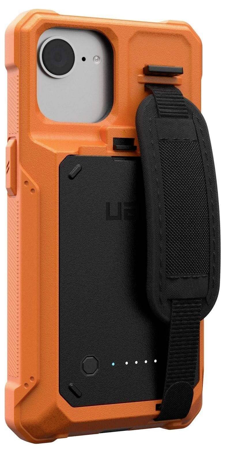 Ein robustes orangefarbenes Smartphone-Gehäuse mit einem schwarzen Handriemen auf der Rückseite und Anzeigelichtern, entwickelt für Schutz und einfaches Tragen.