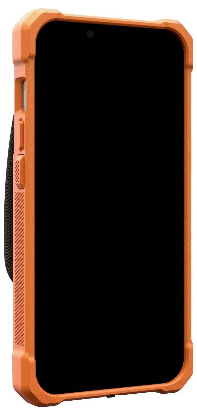 Ein robustes orangefarbenes Smartphone-Gehäuse, das einen schwarzen Bildschirm umgibt und für Haltbarkeit und Stoßschutz entwickelt wurde.