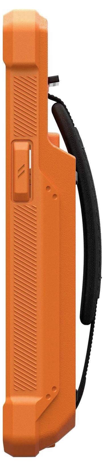 Heller orangefarbener Schutzkoffer für Festplatten mit robuster Bauweise. Ausgestattet mit einem seitlichen Verschluss und einem schwarzen Kabel.