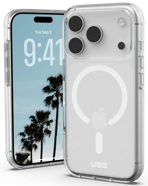 Transparente UAG-Handyhülle, die ihre MagSafe-Kompatibilität zeigt, mit einem iPhone, das das Datum 'Di. 9. Sep' und einen Palmen-Hintergrund anzeigt.