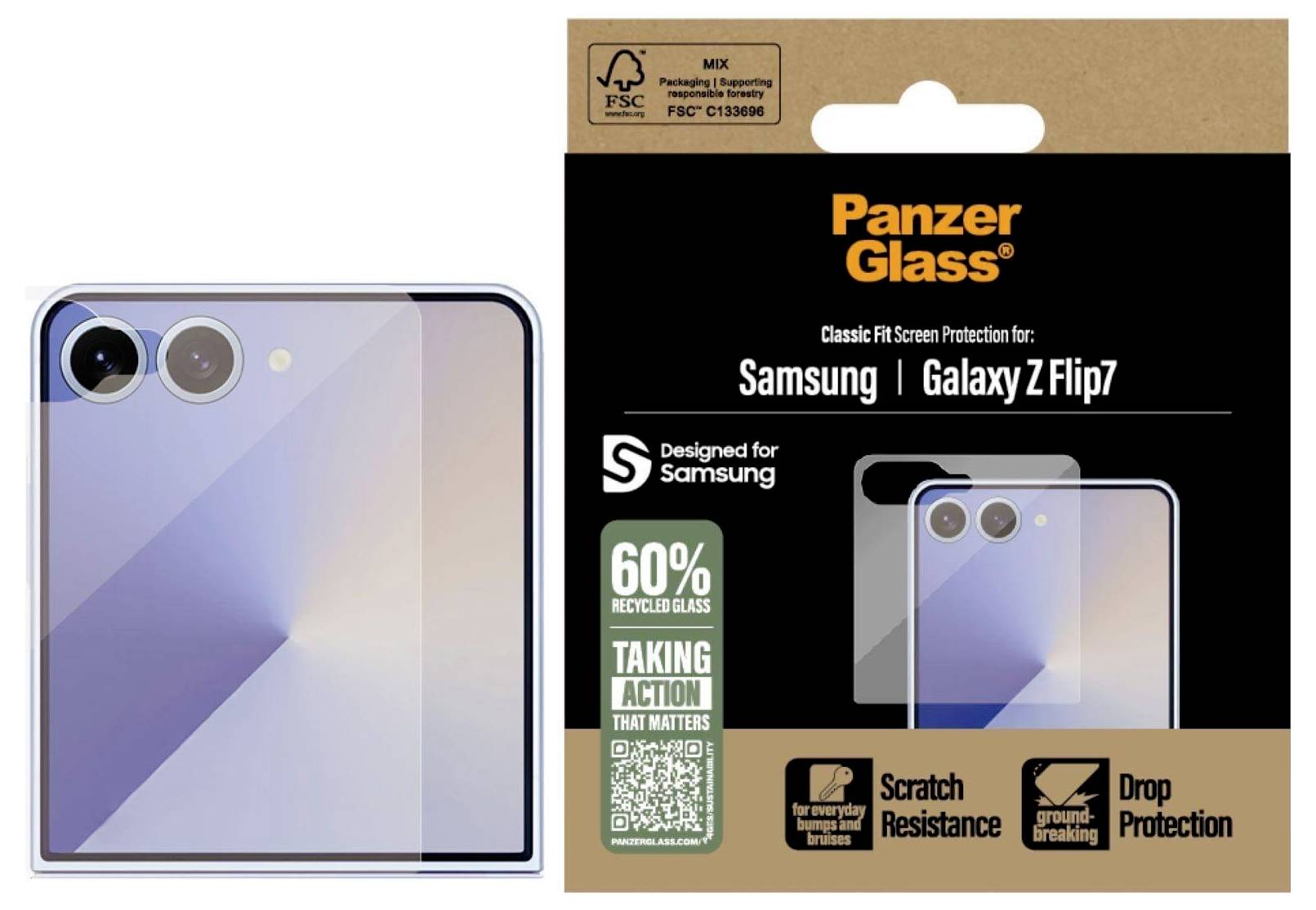 PanzerGlass Displayschutz für Samsung Galaxy Z Flip7, hergestellt aus 60% recyceltem Glas, mit Kratzresistenz und Fallschutz.