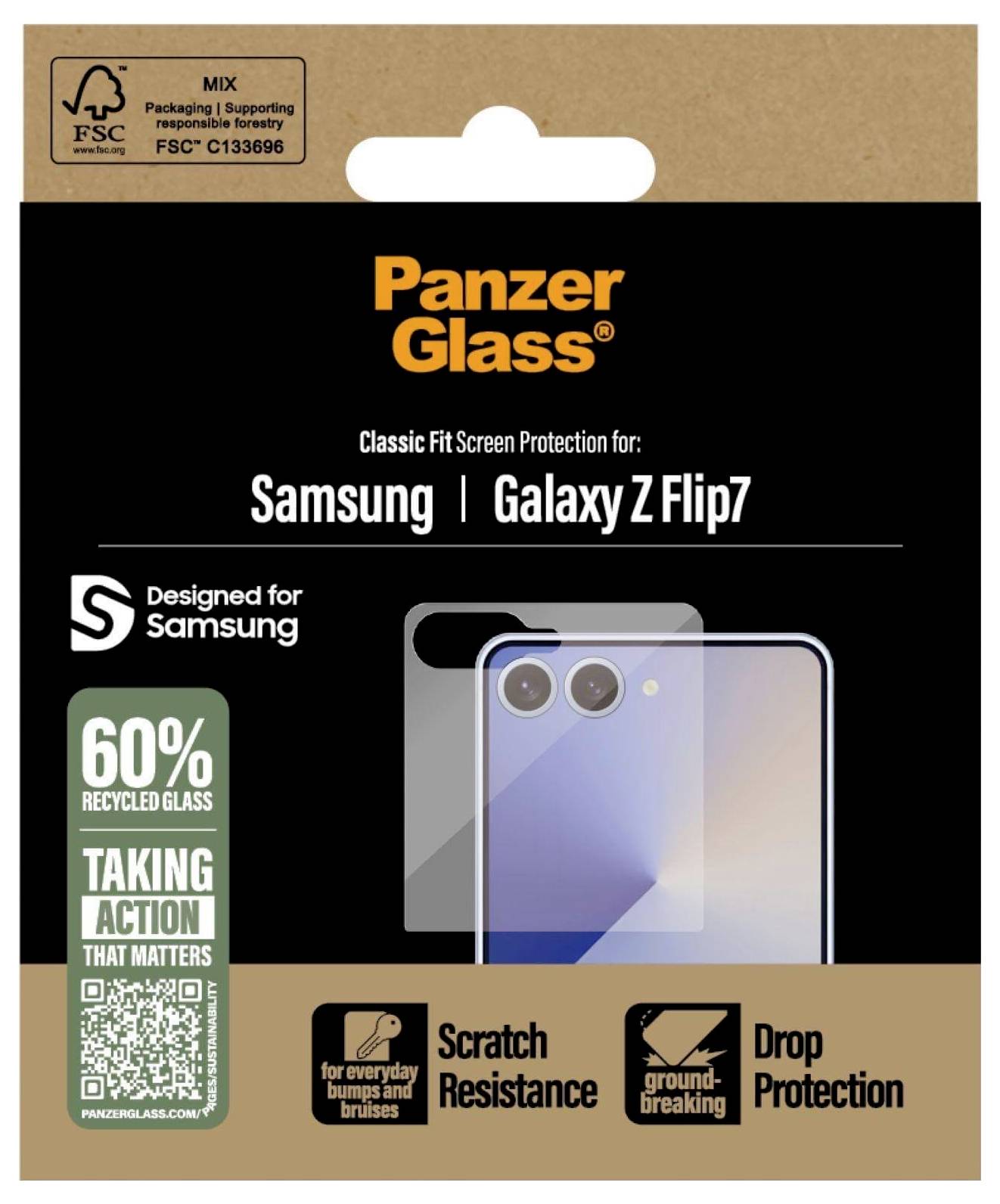 Displayschutz für Samsung Galaxy Z Flip7Highlights:- 60% recyceltes Glas- Kratzfeste Oberfläche- Fallschutz mit hoher Stoßdämpfung