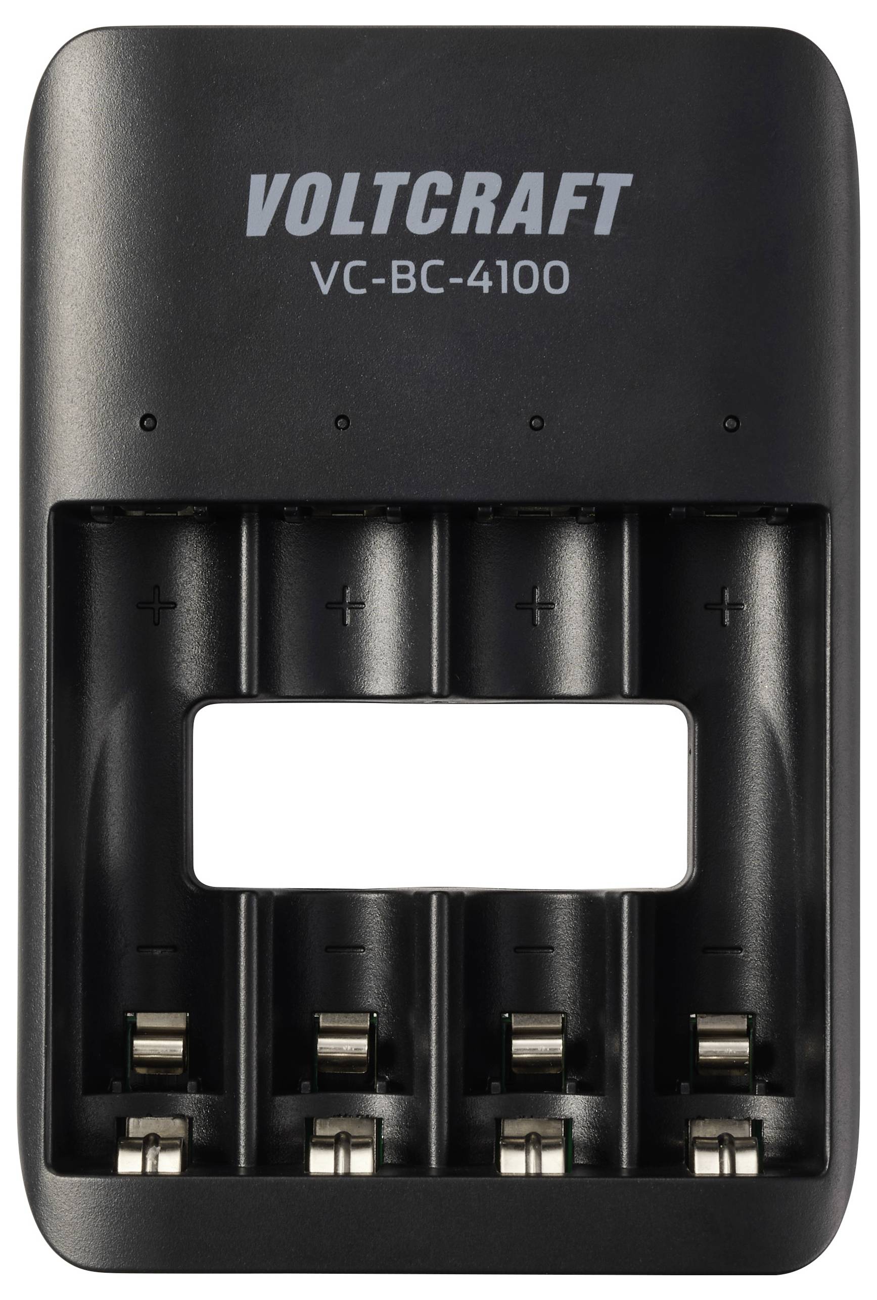 Ein schwarzer VOLTCRAFT VC-BC-4100 Batterieladegerät mit vier Einschüben für AA- oder AAA-Batterien, der positive und negative Symbole zur Ausrichtung zeigt.