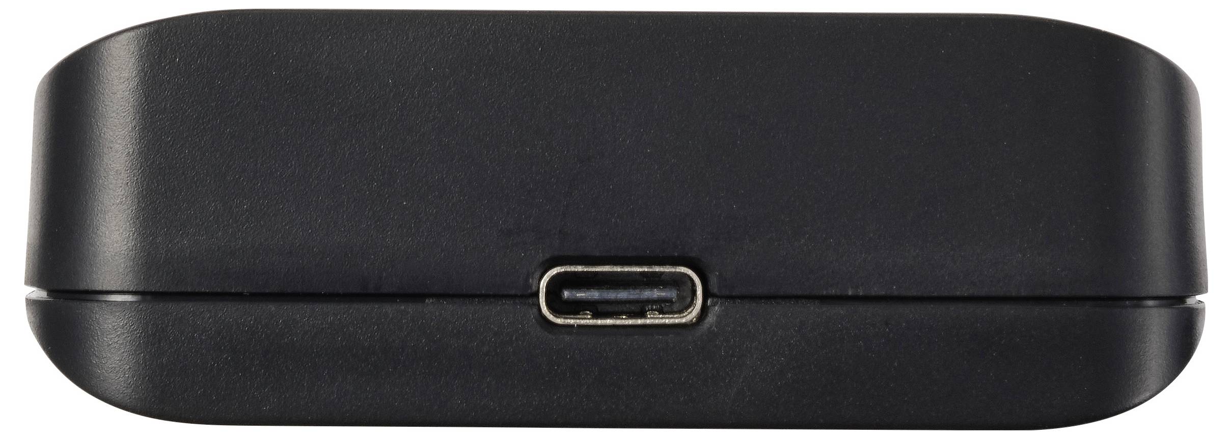 Eine schwarze rechteckige Ladehülle mit einem USB-C-Anschluss in der vorderen Mitte.