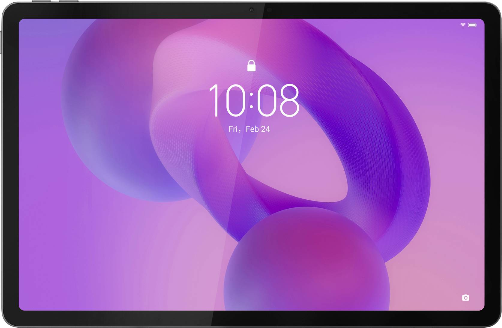 Ein Tablet-Bildschirm, der einen Sperrbildschirm mit der Uhrzeit '10:08' und dem Datum 'Fr., 24. Feb.' auf einem abstrakten Hintergrund in Lila und Rosa zeigt.