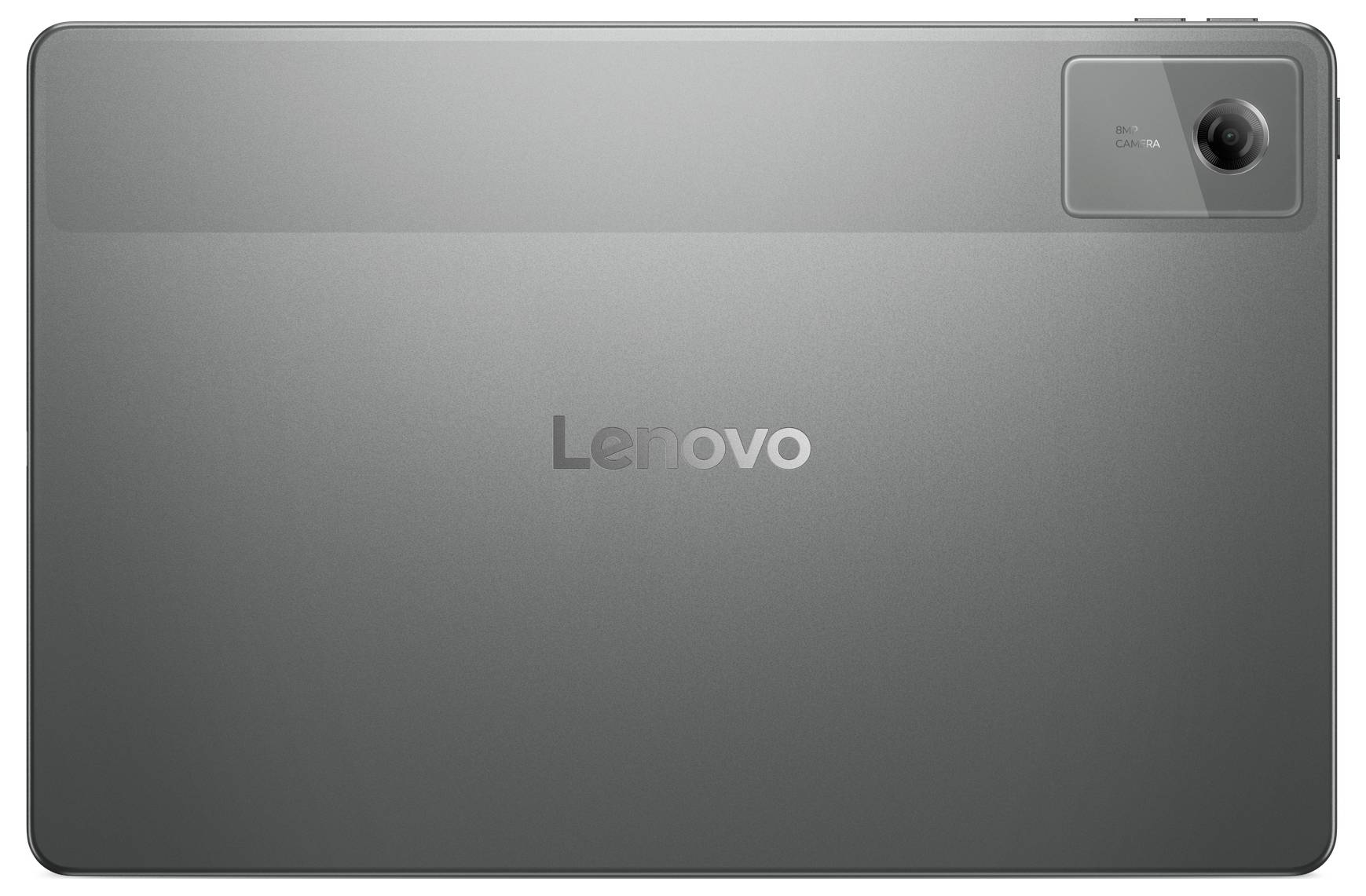 Rückansicht eines grauen Lenovo-Tablets, mit Kamera und Lenovo-Logo.