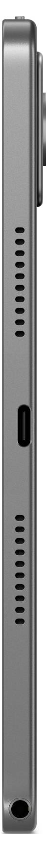 Eine Nahaufnahme eines Smartphones in Grau von der Seite, die Lautsprechergitter, ein SIM-Kartenkompartiment und eine hervorstehende Rückkamera zeigt.