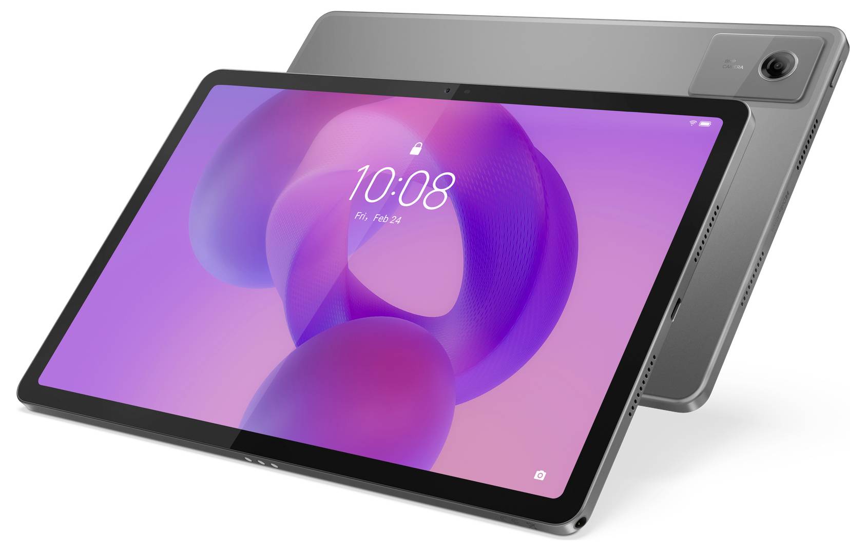 Ein schlankes, modernes Tablet mit einem lebendigen rosa-violetten abstrakten Bildschirm, der prominent präsentiert wird. Ein weiteres Tablet wird von hinten gezeigt und hebt sein metallisches Finish und die Kamera hervor.