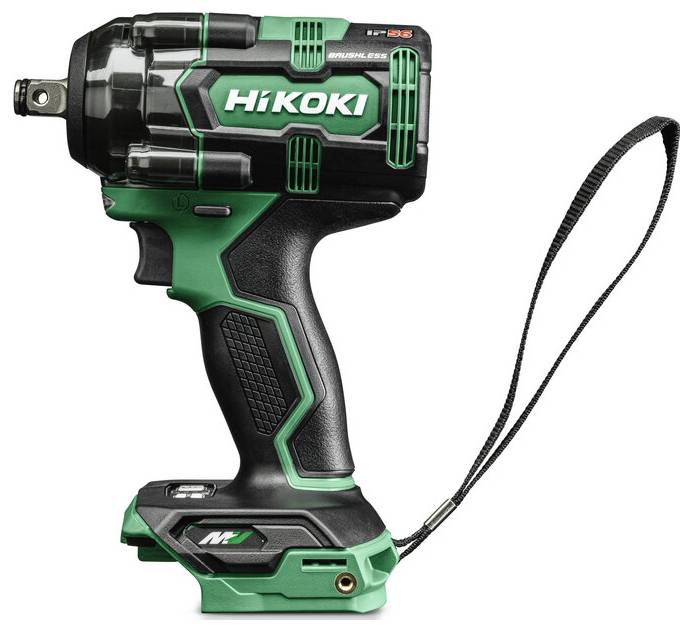 Eine grüne und schwarze kabellose Bohrmaschine mit einem Tragriemen, der Marke 'Hikoki', zeigt ein kompaktes, ergonomisches Design für einfache Handhabung.